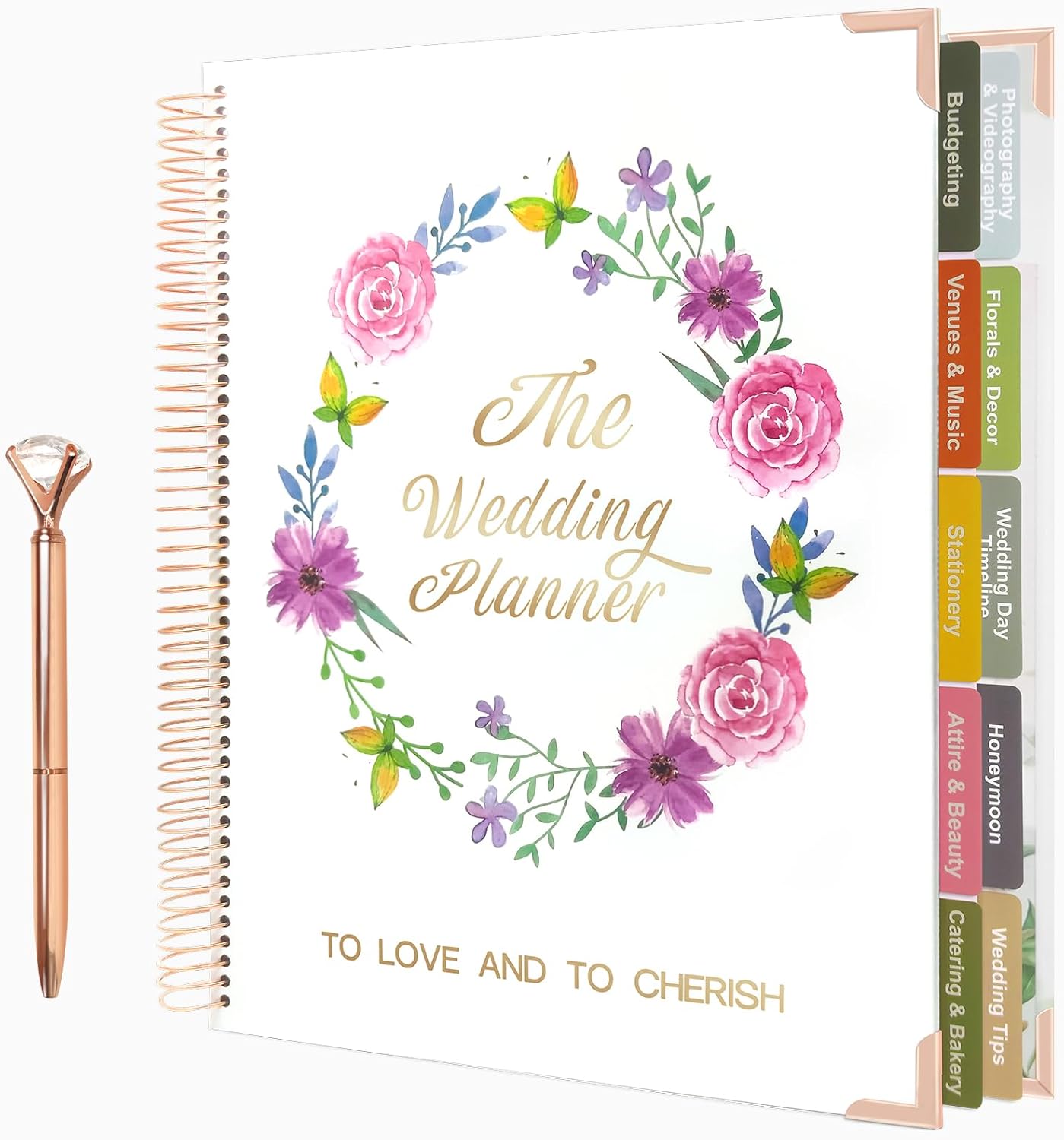 Wedding Planner Book and Organizer-176 Pages Wedding Planning Book,Bridal Planning Binder with Sticker Checklists,Gemstone pen & Budget Tracker,Weddin
