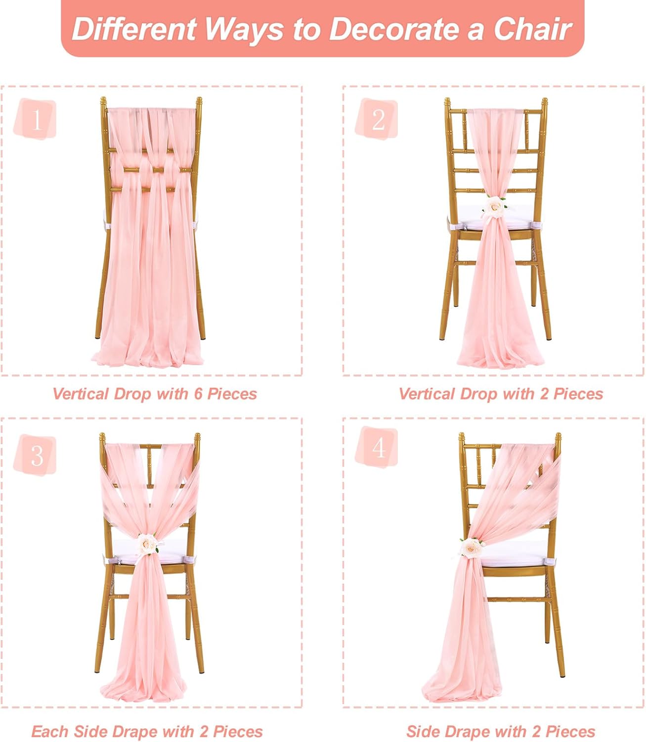 Blush Chair Sashes Wedding Decorations: 32 Pieces 8ft Long Sheer Fabric - Blush Chair Ribbons for Beach Wedding Outdoor 3