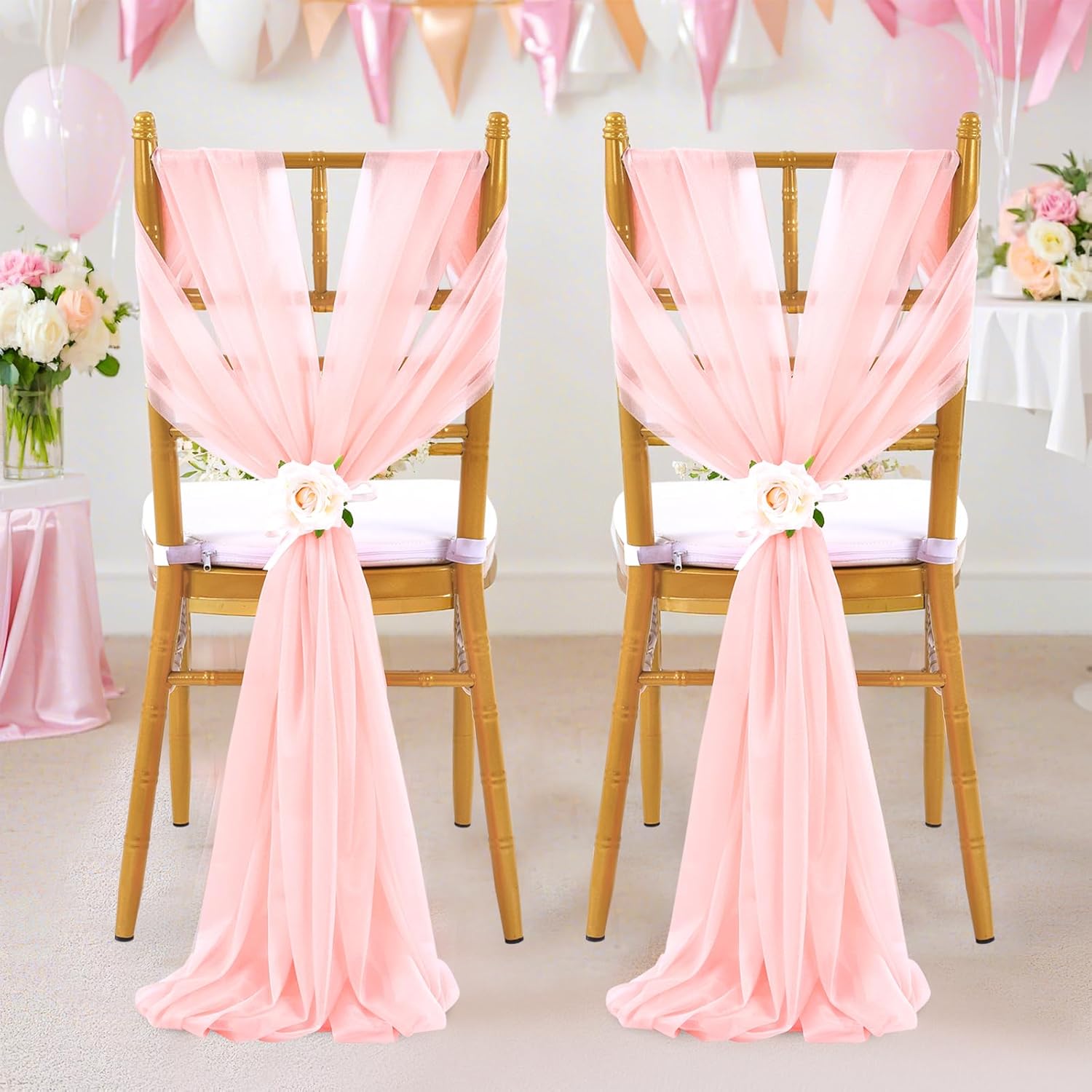 Blush Chair Sashes Wedding Decorations: 32 Pieces 8ft Long Sheer Fabric - Blush Chair Ribbons for Beach Wedding Outdoor 4