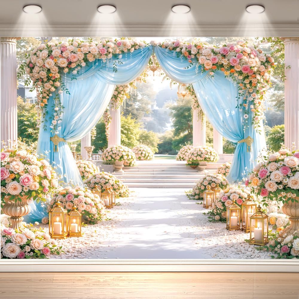 10x8ft Wedding Backdrop Arch Blue Floral Drapes Photography Background Romantic Garden Wedding Ceremony Decorations Flower Arch Banner Photo Booth Bac