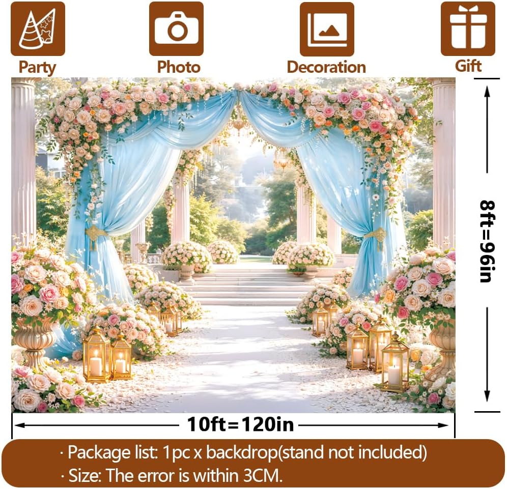 10x8ft Wedding Backdrop Arch Blue Floral Drapes Photography Background Romantic Garden Wedding Ceremony Decorations Flower Arch Banner Photo Booth Bac 4