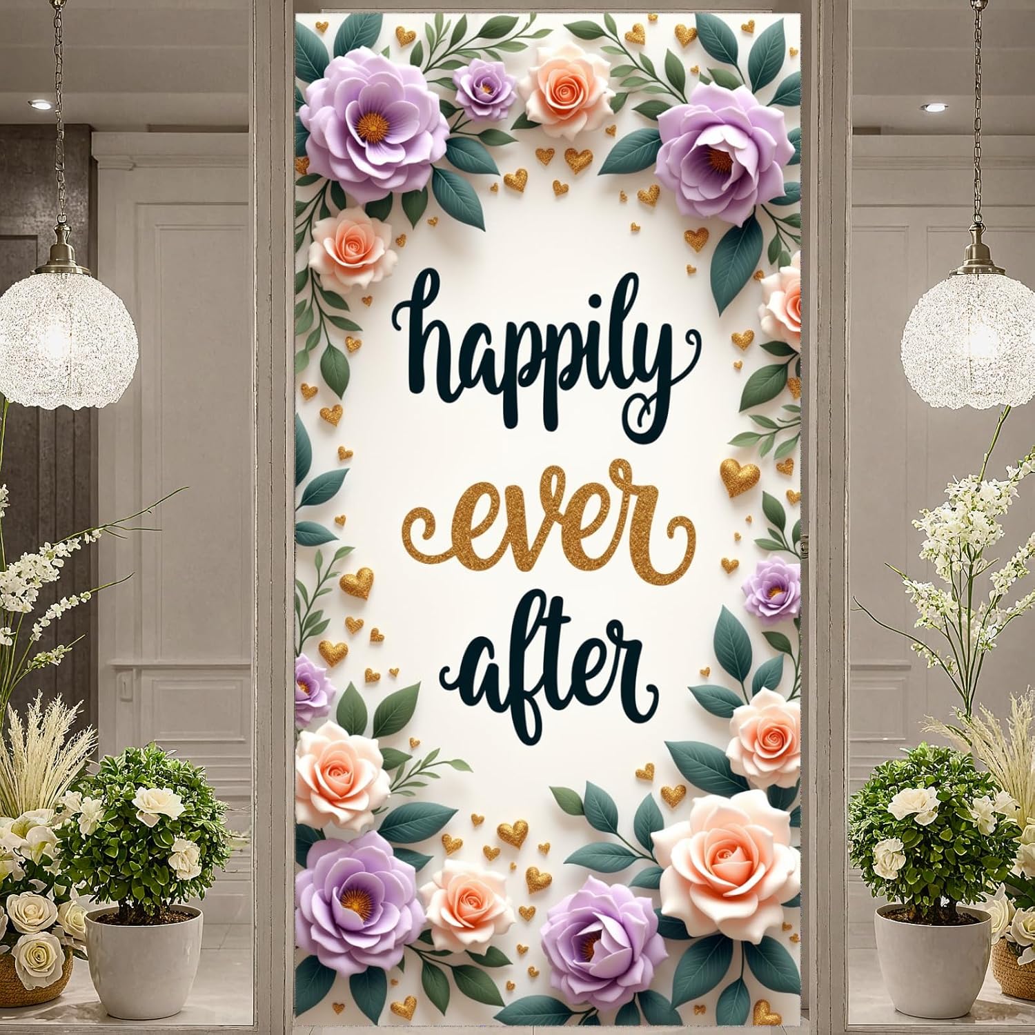 Floral Wedding Door Banner Decorations Happily Ever After Wedding Door Cover Large Romantic Floral Greenery Wedding Banner Photo Booth Prop Decor for 