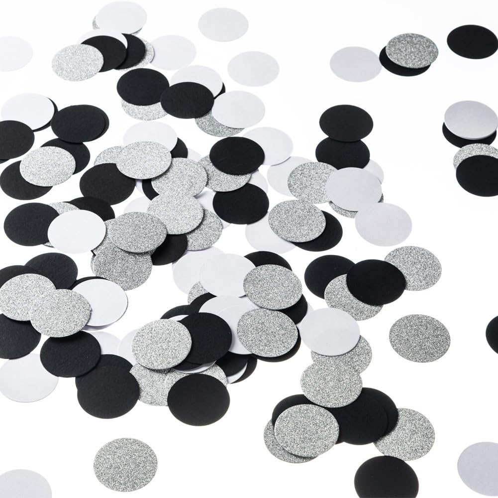 Glitter Paper Circle Dots Confetti Wedding Birthday Theme Party Table Decoration Glitter Silver, Black and White, 1.2 inch, 200pc