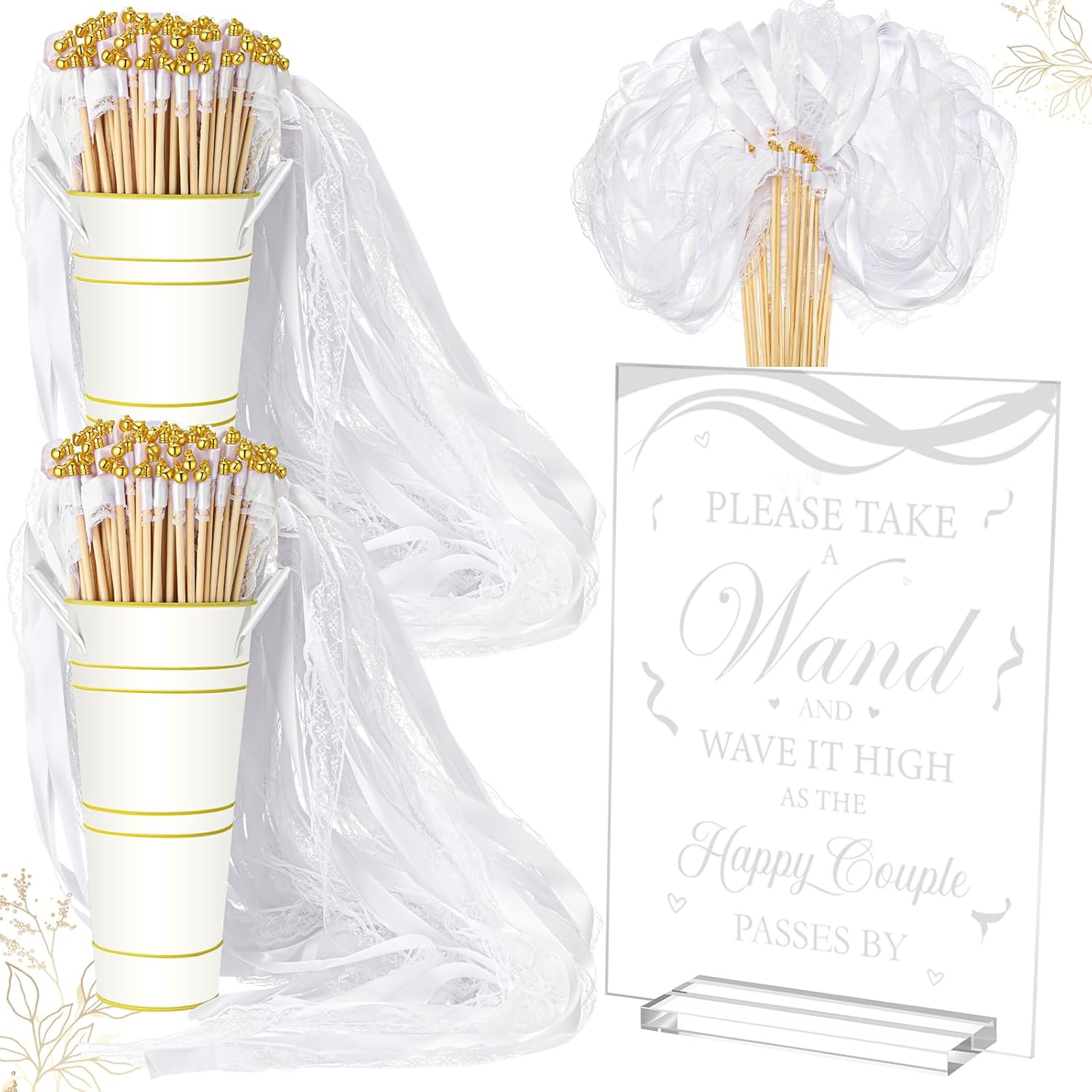 Reallnaive 103 Pcs Wedding Ribbon Stick Wand with Metal Buckets and Acrylic Sign, Party Magic Fairy Wand with White Lace Ribbon and Gold Bells for Wed