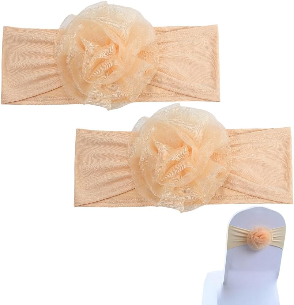 2PCS Orange Chair Back Sashes Bows Stretch Flower Tie Design Elastic Chairs Covers Floral Knots Polyester Cover Sash Decoration for Wedding Holiday Bi
