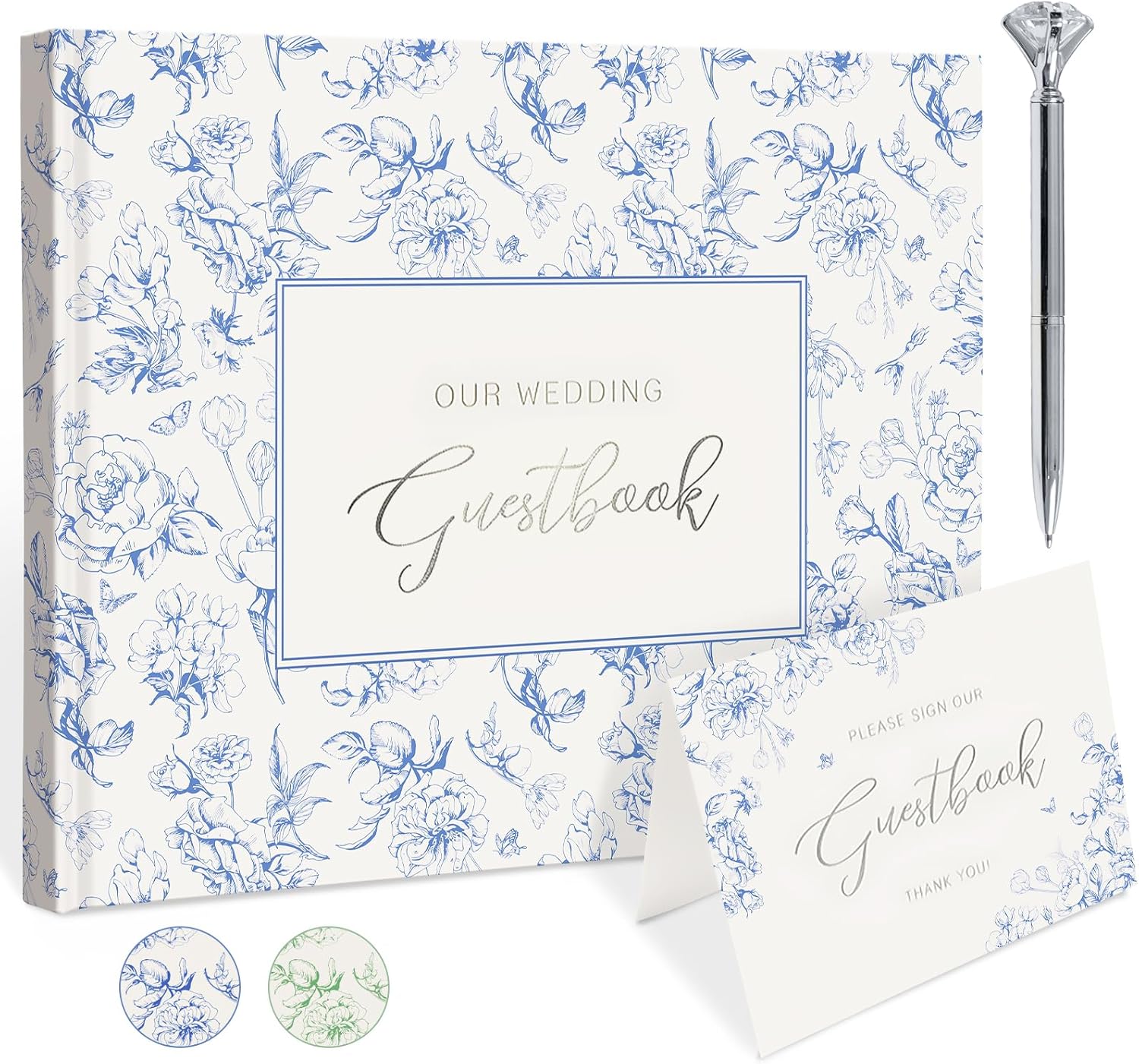 Blue Floral Wedding Guest Book Hardcover with Pen - 9x7 Inch 144 Pages Sign In Book for Wedding Reception, Bridal Shower, Engagement Party, Space for 