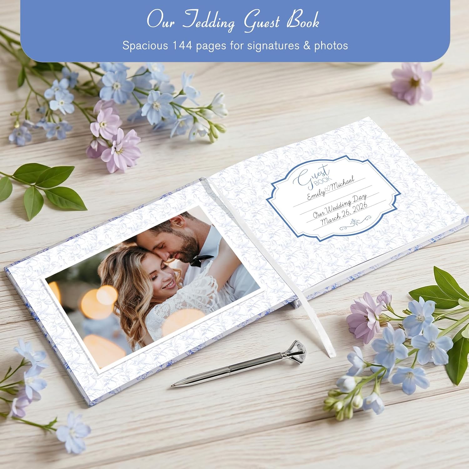 Blue Floral Wedding Guest Book Hardcover with Pen - 9x7 Inch 144 Pages Sign In Book for Wedding Reception, Bridal Shower, Engagement Party, Space for  3