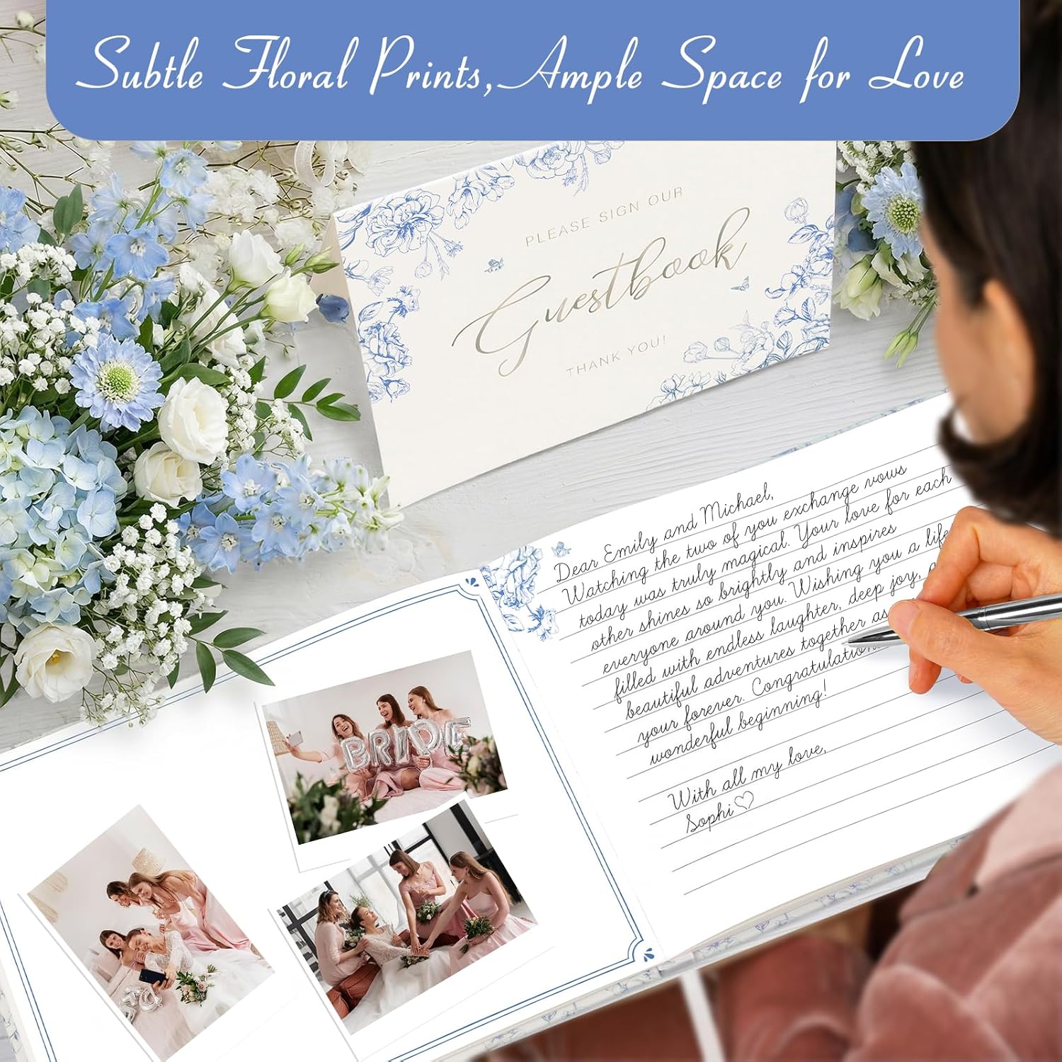 Blue Floral Wedding Guest Book Hardcover with Pen - 9x7 Inch 144 Pages Sign In Book for Wedding Reception, Bridal Shower, Engagement Party, Space for  4