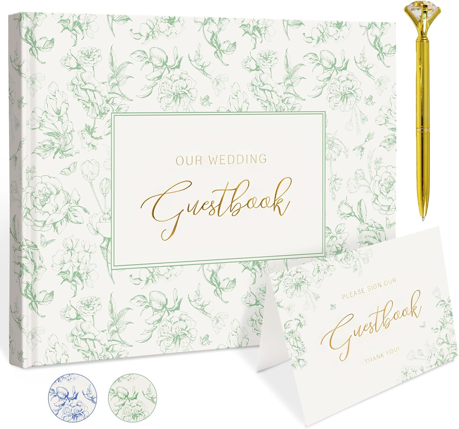 Green Floral Wedding Guest Book Hardcover with Pen - 9x7 Inch 144 Pages Sign In Book for Wedding Reception, Bridal Shower, Engagement Party, Space for
