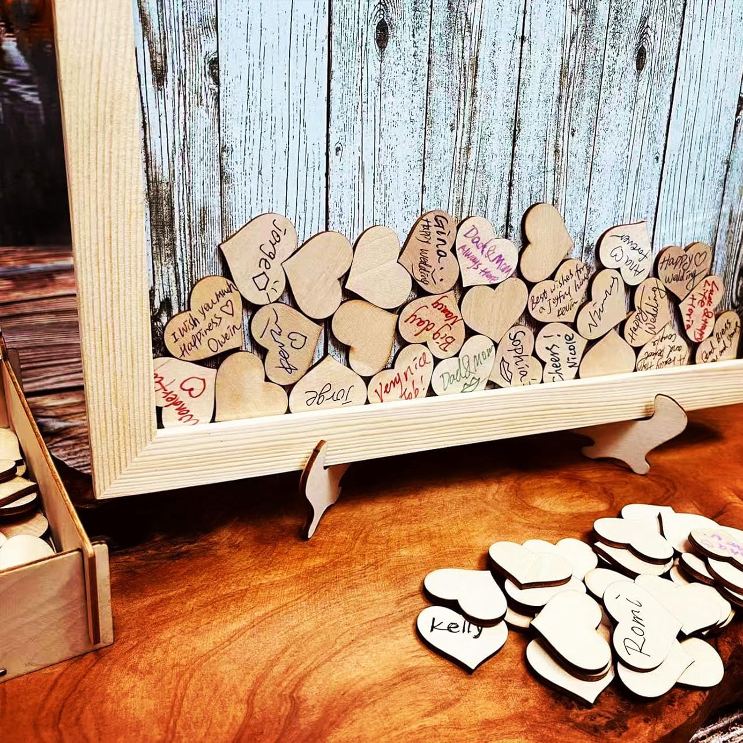 Wedding Guest Book Alternative Pen Sign Drop Top Wooden Frame for Baby Shower Birthday Party Decoration 120 Hearts 3