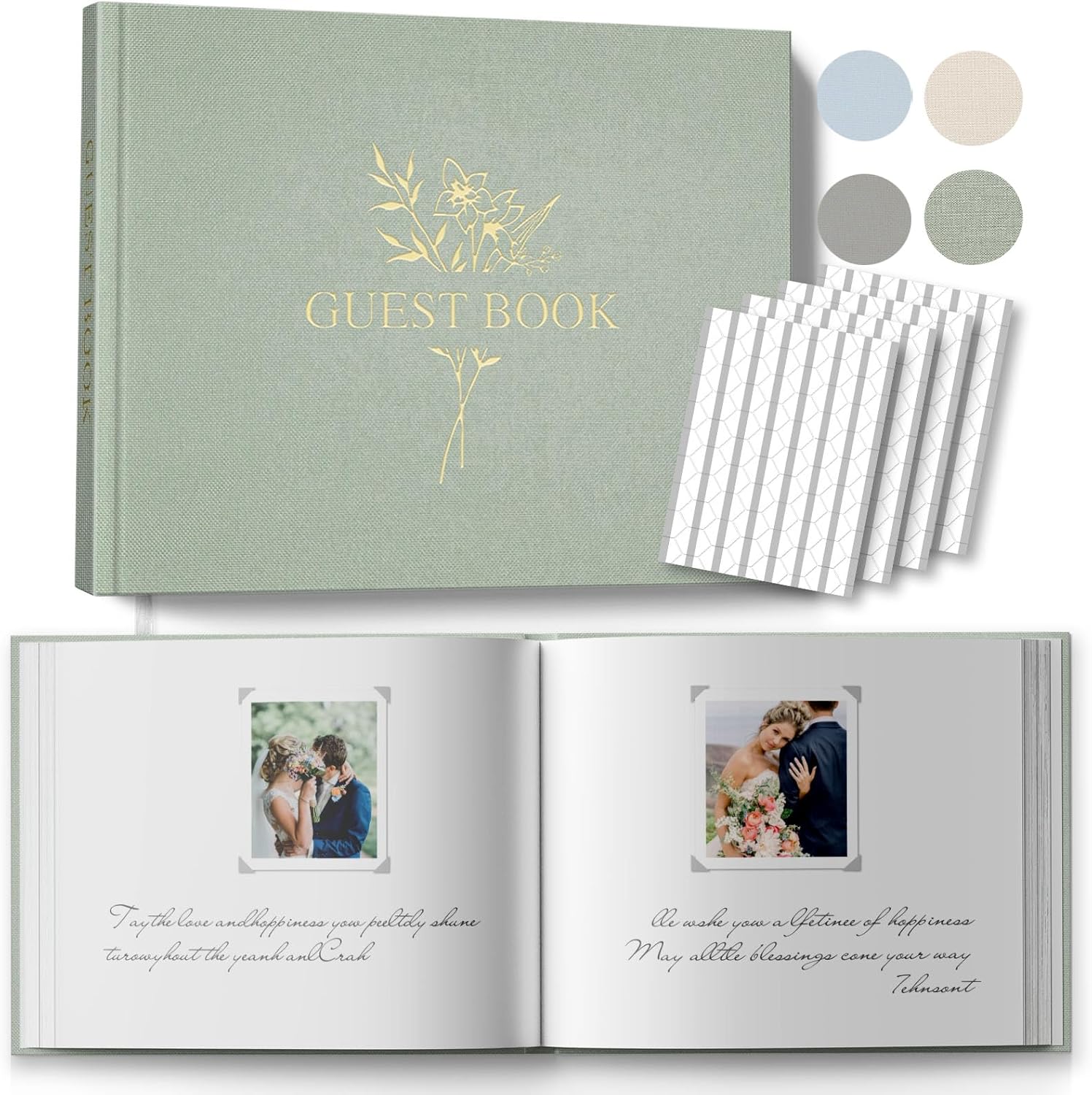 Wedding Guest Book for Memorial Service with 216 Photo Corners Stickers, Linen Guestbook to Sign at Bridal Shower or Wedding Reception Party,100 Pages