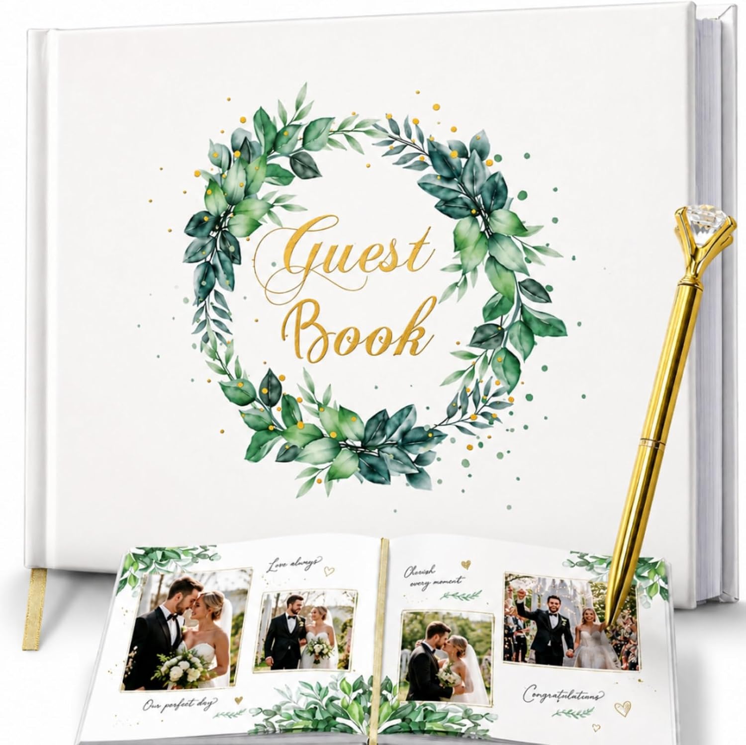 Noamus Wedding Guest Book, 120 Pages Photo Guestbook to Sign at Reception Party, 9.4"x7" Elegant Blank Sign in Book, Hard Cover Bridal Shower Registry