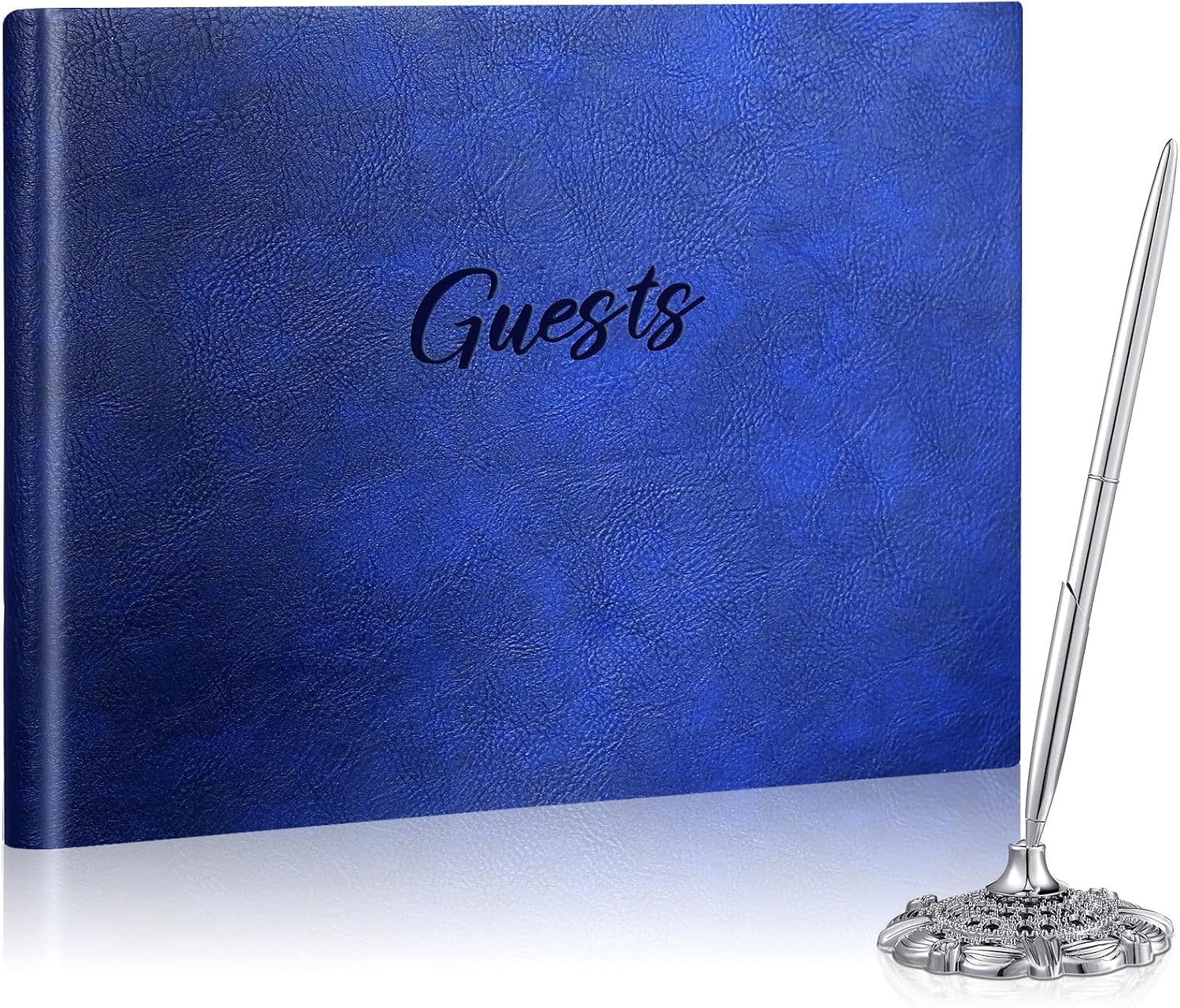 Geyee Leather Guest Book and Pen Stand Set, 10.5" x 8" Embossed Guests Sign in Book Registry Book for Funeral, Wedding Reception, Vacation Homes and E