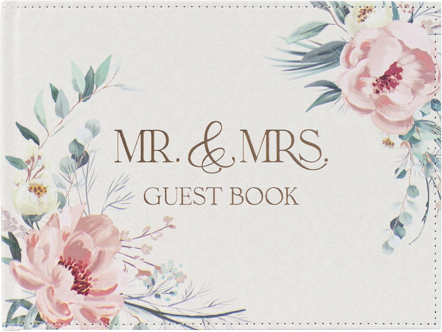 Mr. & Mrs. Floral Wedding Guest Book - We Love Because He First Loved Us - 1 John 4:19 Inspirational Scripture Vegan Leather, Medium Pink & White