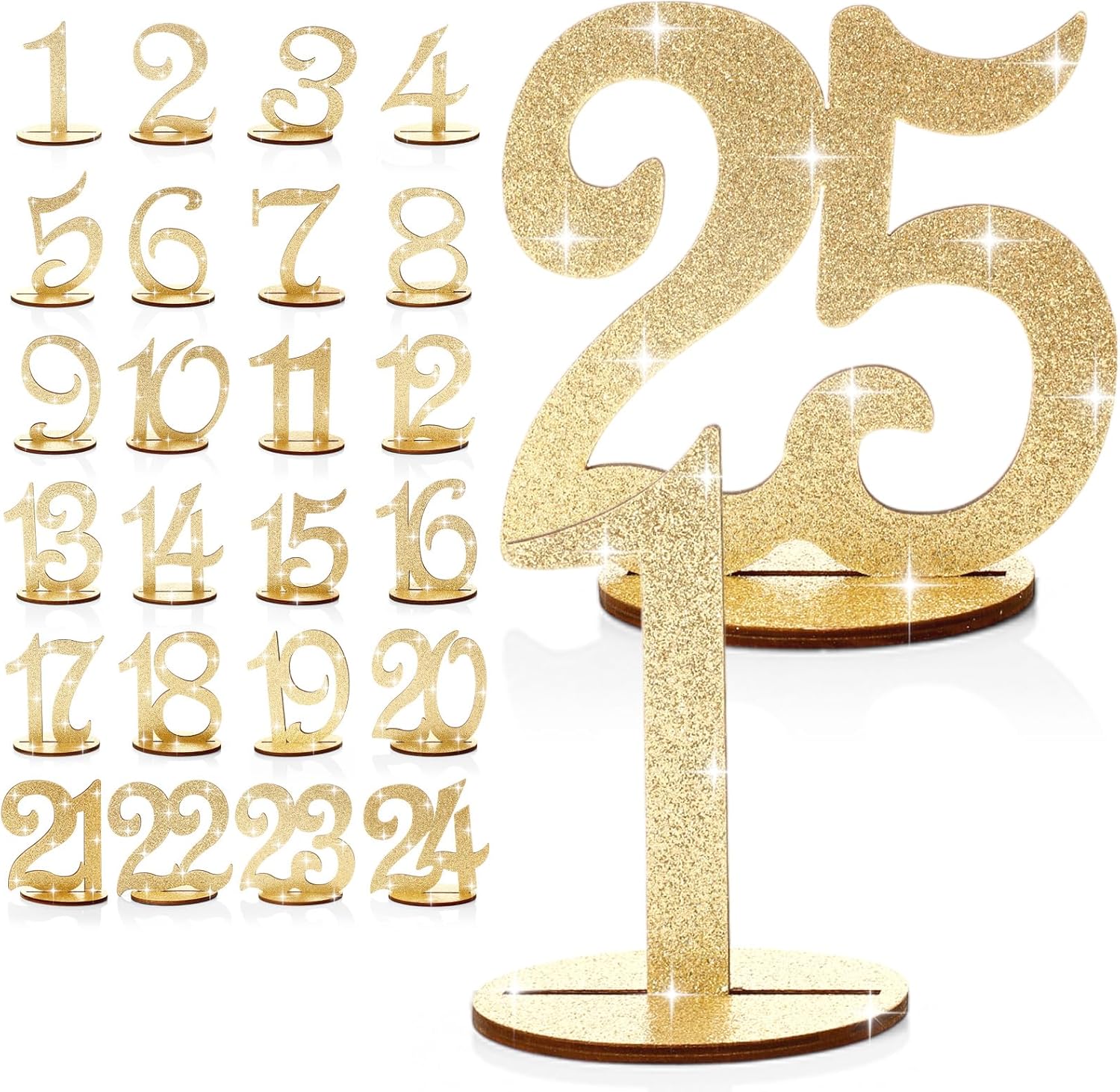 gold table numbers 1-25 Wooden Table Numbers for Wedding | Reception Standing Seat Place Cards Table Numbers with Holder Base for Wedding Party Event 