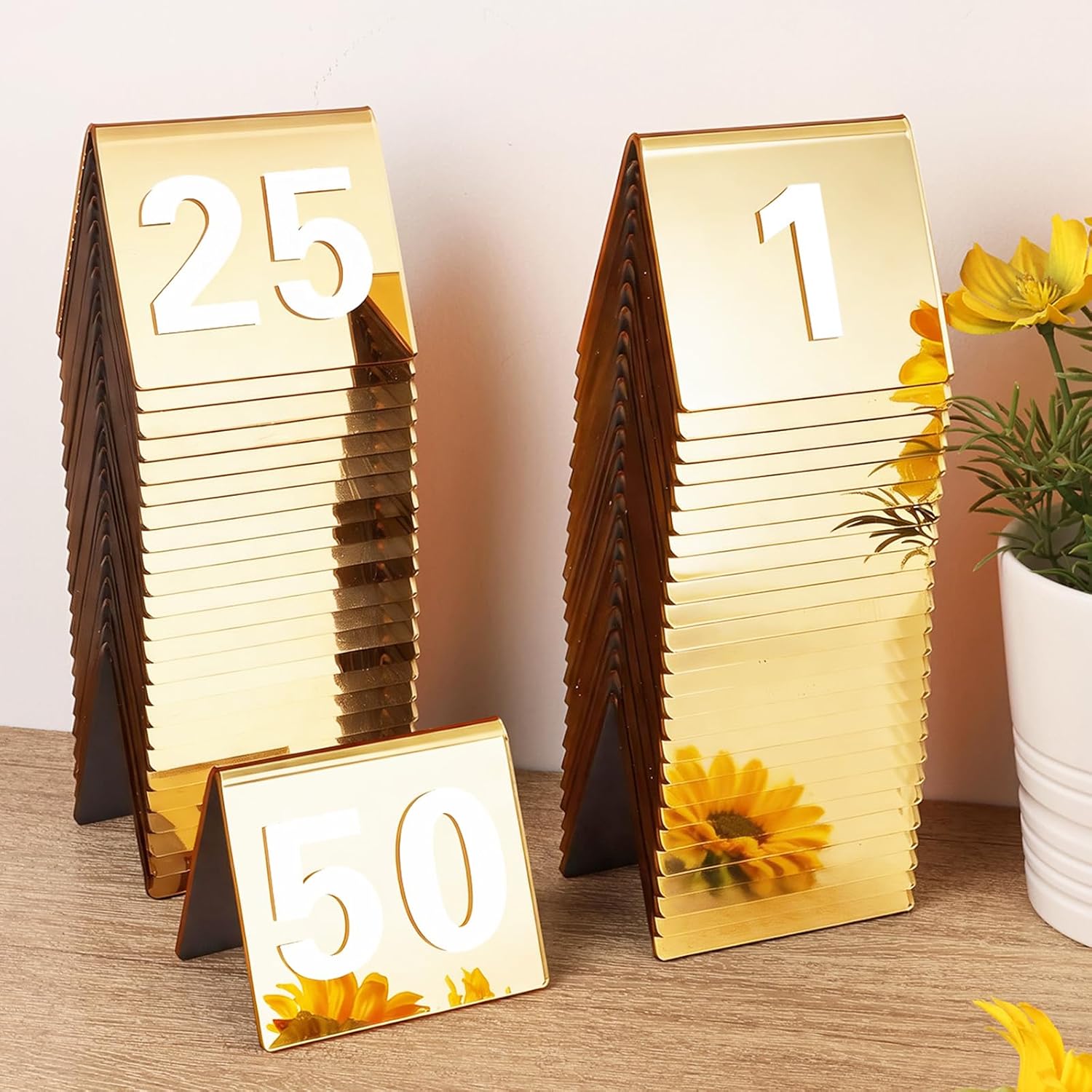 Table Numbers 1-50, 3.5x3 Inch Mirrored Gold Acrylic Tent Style Number Signs, Double Sided Wedding Reception Party Restaurant Table Decorations