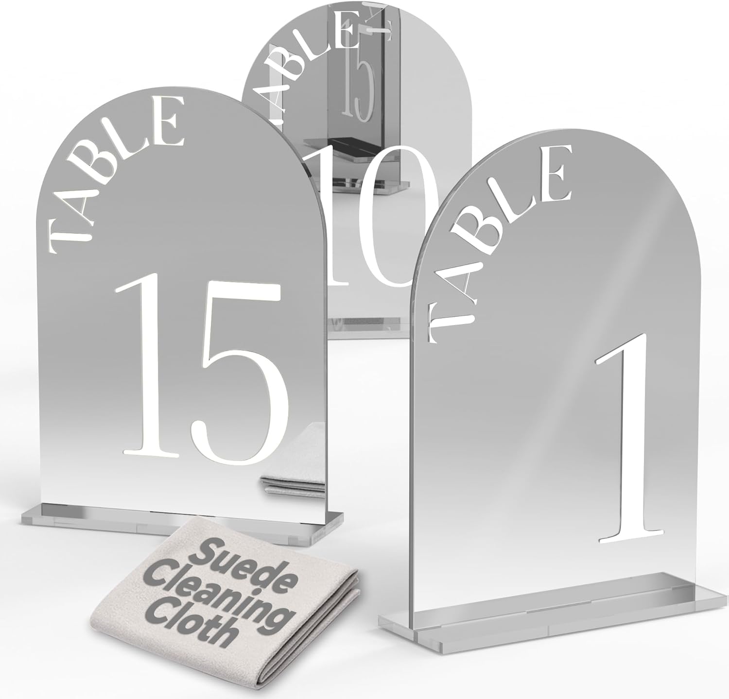 Mirror Arched Wedding Table Numbers 1-15 with Stands, 5"x7" Double-sided Letter, Acrylic Wedding Signs Centerpiece Decoration for Wedding Reception Pa
