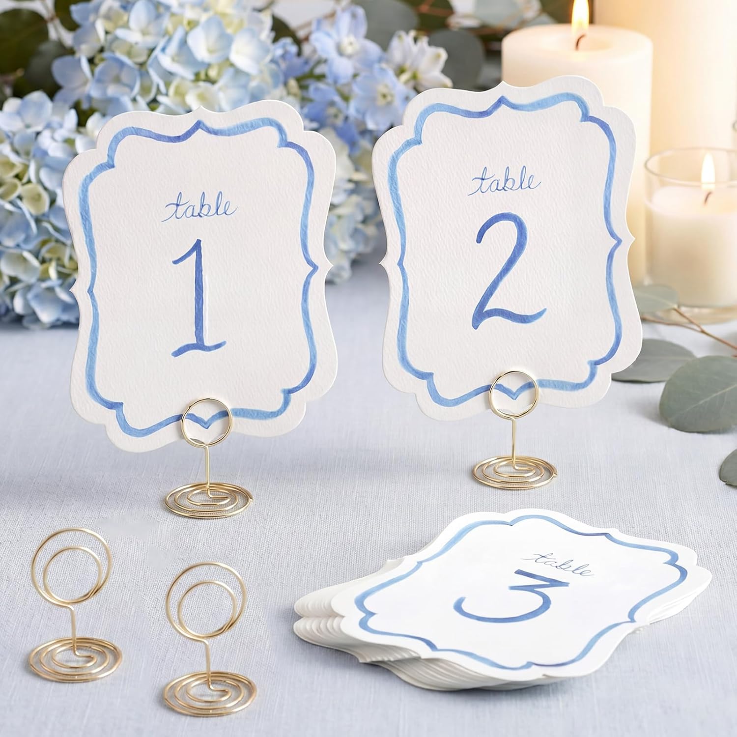 Eaasty 20 Pcs Watercolor Table Numbers 1-20 with Gold Holders 4.25 x 5.5 Inch Cursive Wedding Table Signs Antique Print Blue Cards for Bridal Shower A