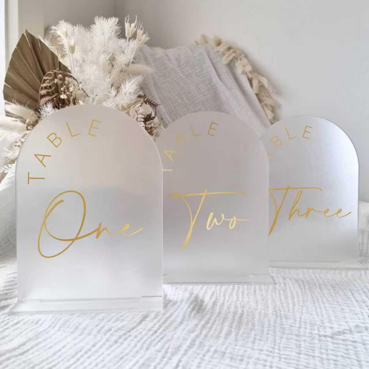 Frosted Arch Wedding Table Numbers 1-15 with Stands, 5x7 Inch Acrylic Arch Sign with Golden Lettering, Frosted and Gold Table Numbers for Wedding Rece