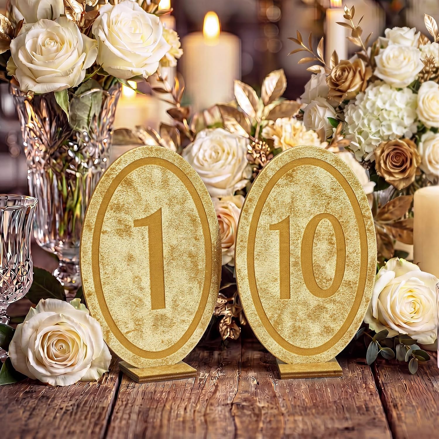 Yookeer Wedding Velvet Table Numbers 1-10 Wood Wedding Bar Sign with Stand Gold Oval Table Numbers for Reception Wooden Tables Markers for Anniversary