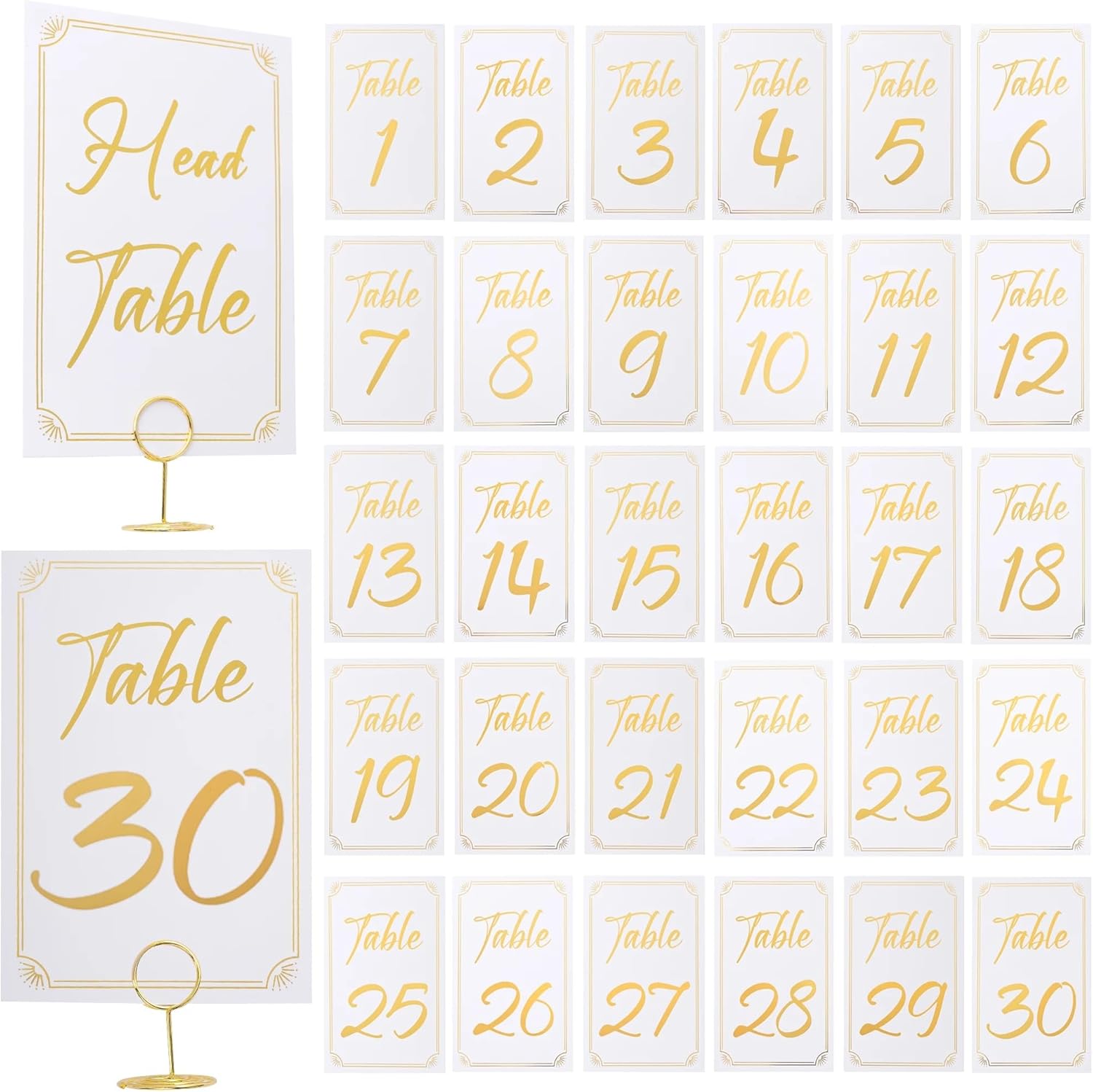 Gold Table Numbers 1-30 with Holder and Head Table Card, 4x6 Double Sided Table Number with Highly Visible Numbers for Wedding Anniversary Birthday Re