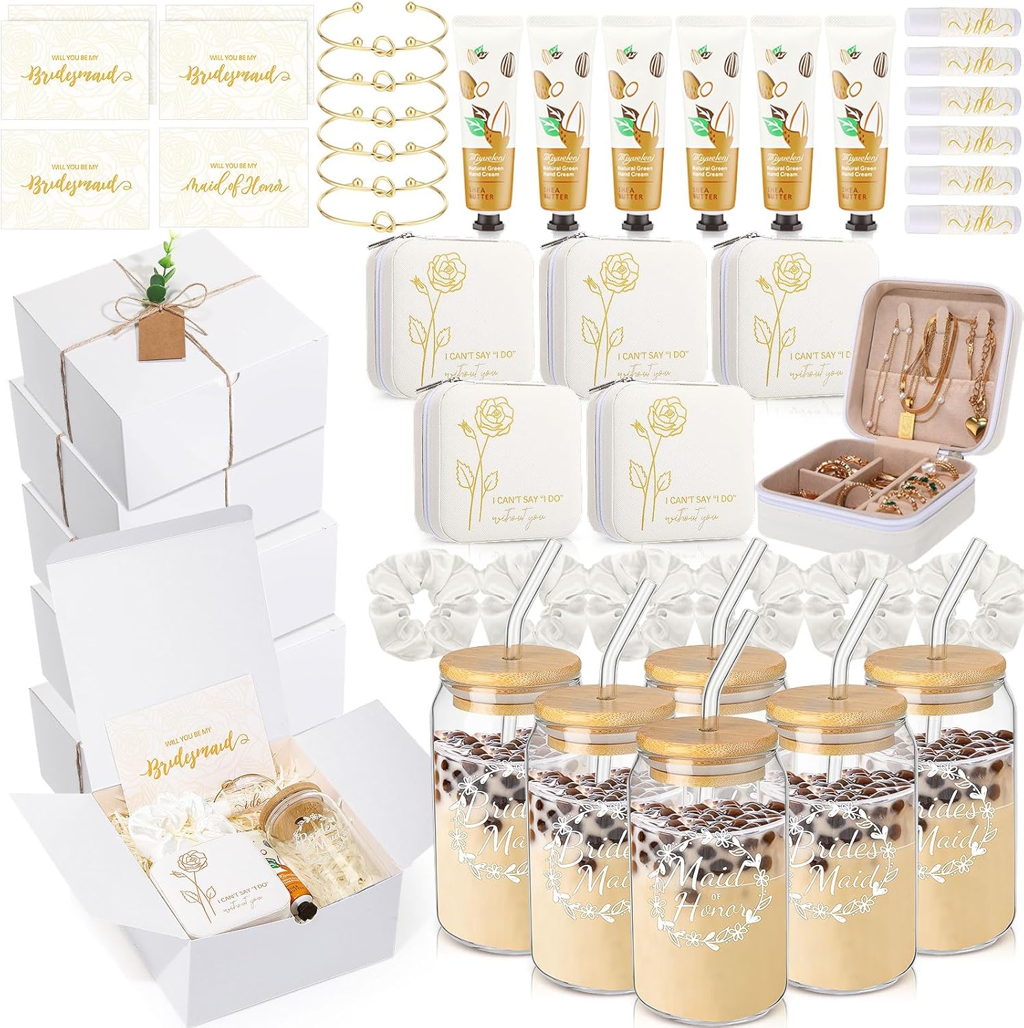 Teenyyou 60 Pcs Bridesmaid Proposal Gifts Bridesmaid Box Set Maid of Honor Gift Wedding Bridal Shower Include Jewelry Box Glass Cup Scrunchies Hair Kn