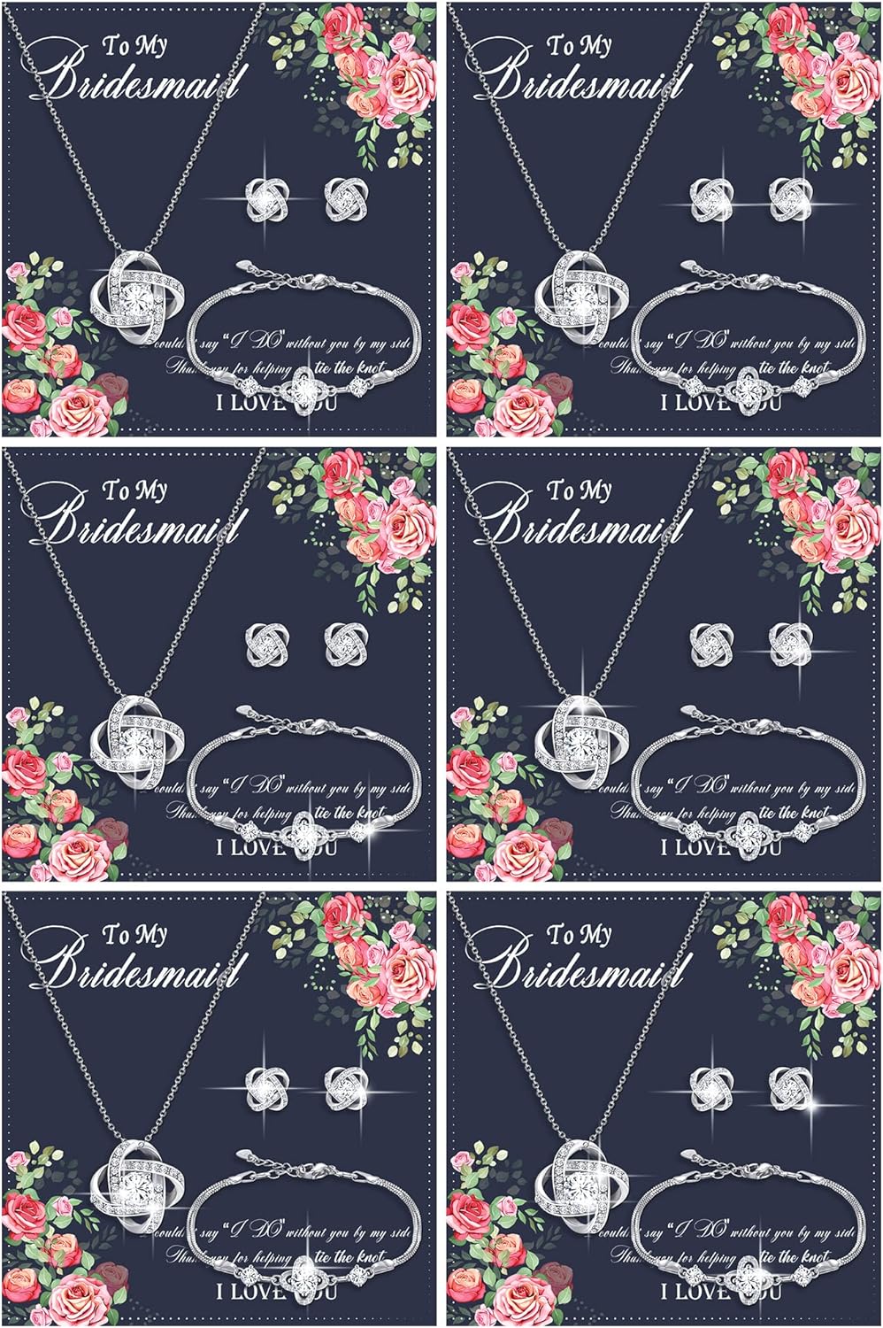 Yinkin 6 Bridesmaid Jewelry Set Silver Wedding Necklace Earring Bracelet Will You Be My Bridesmaid Gift Card for Bridal Proposal Women