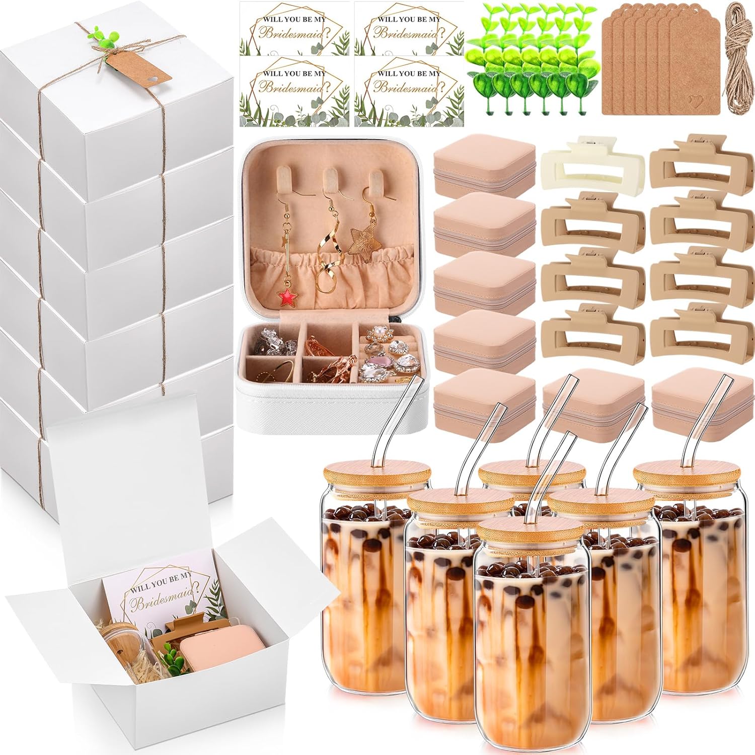 Quelay Bridal Gift Set of 8, Mini Jewelry Box, 15oz Glass Cup, Square Clips, Will You Be My Bridesmaid Invitation Card for Bridal Shower & Bachelorett