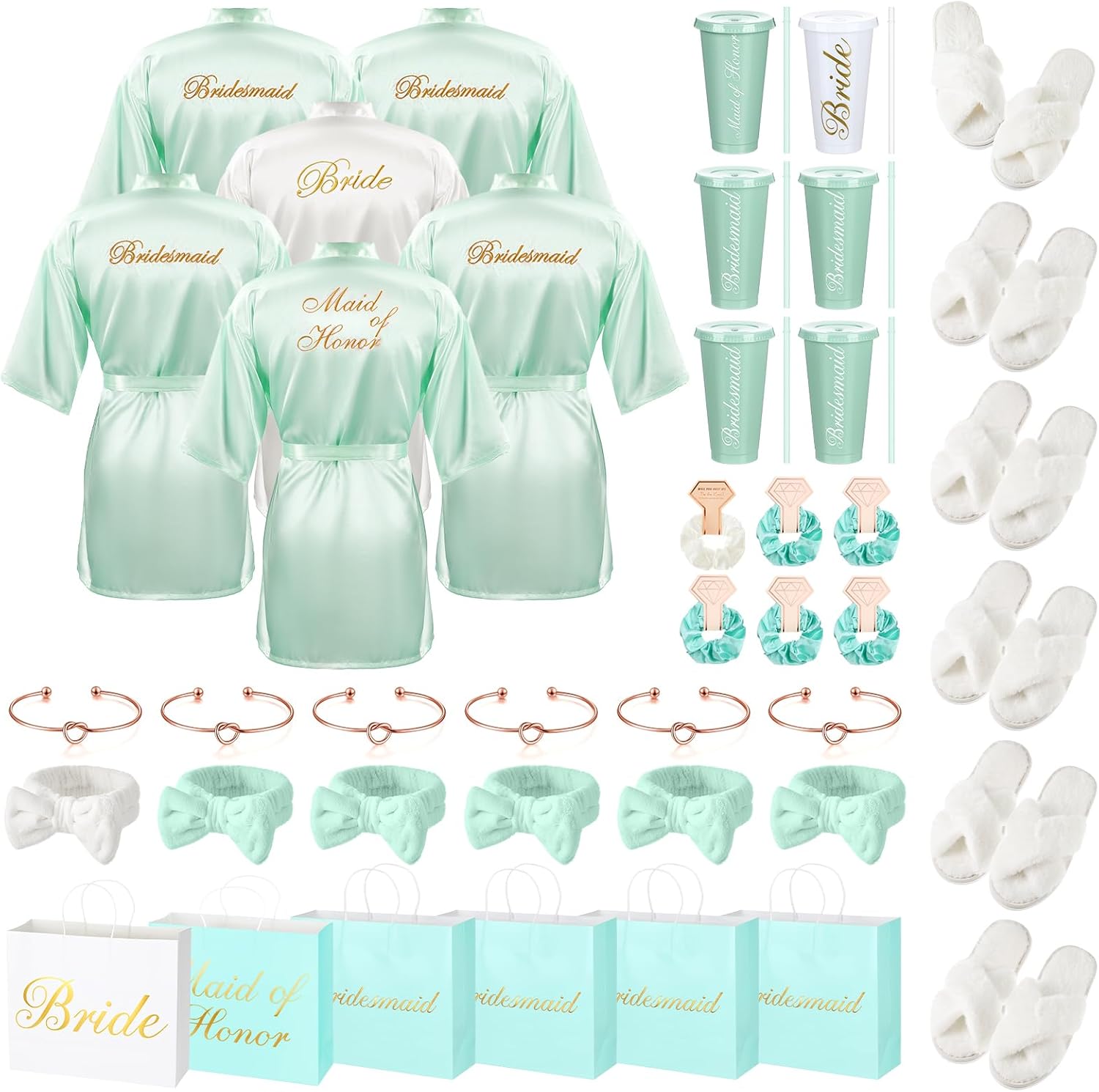 Shyyween 56 Pcs Bridesmaid Bride Robes Set of 8 Bridal Party Silk Satin Robes for Wedding Bachelorette Party Gifts