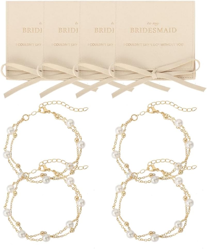 enasal 1/4/6Pcs Bridesmaid Proposal Gifts,Gold Pearl Bracelets for Women,18K Gold Plated Layered Bracelets for Wedding Bridal Party