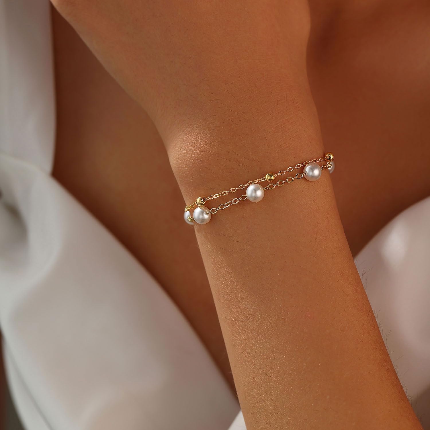 enasal 1/4/6Pcs Bridesmaid Proposal Gifts,Gold Pearl Bracelets for Women,18K Gold Plated Layered Bracelets for Wedding Bridal Party 3
