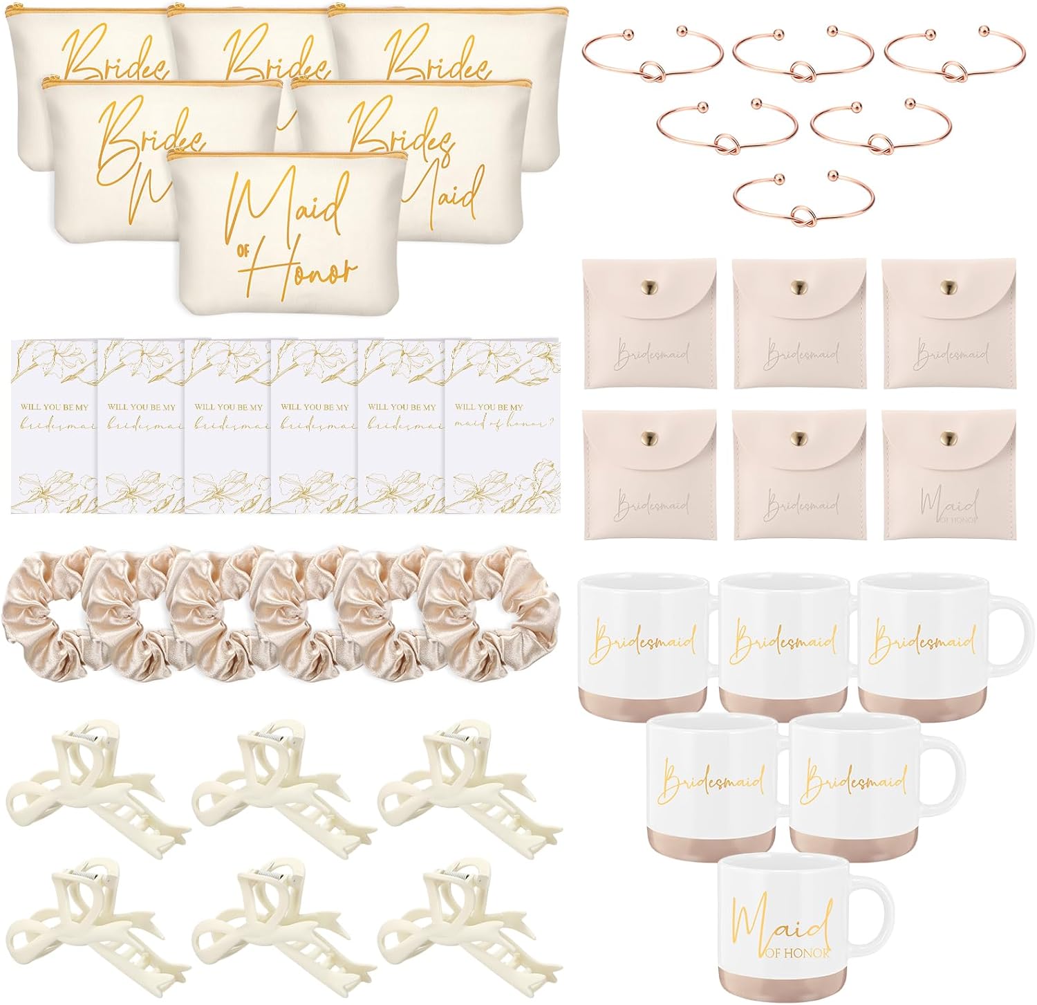 Didaey 42 Pcs 6 Sets Bridesmaid Proposal Gifts, Wedding Favors for Bridesmaids & Maid of Honor Ceramic Coffee Mugs Makeup Bags Invited Cards Scrunchie