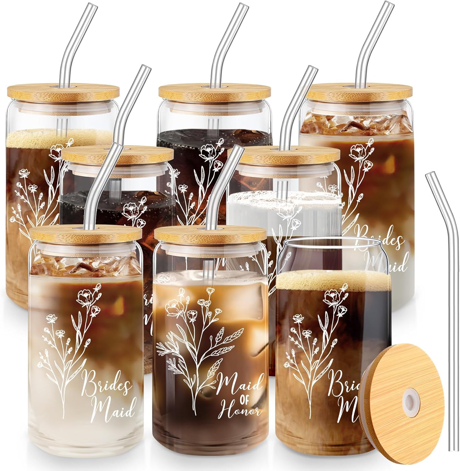 Layhit 8 Pcs Bridesmaid Gifts Bridesmaid Proposal Gifts 16 Oz Cute Can Shaped Drinking Glasses with Bamboo Lids and Glass Straw Iced Coffee Cup Mason 