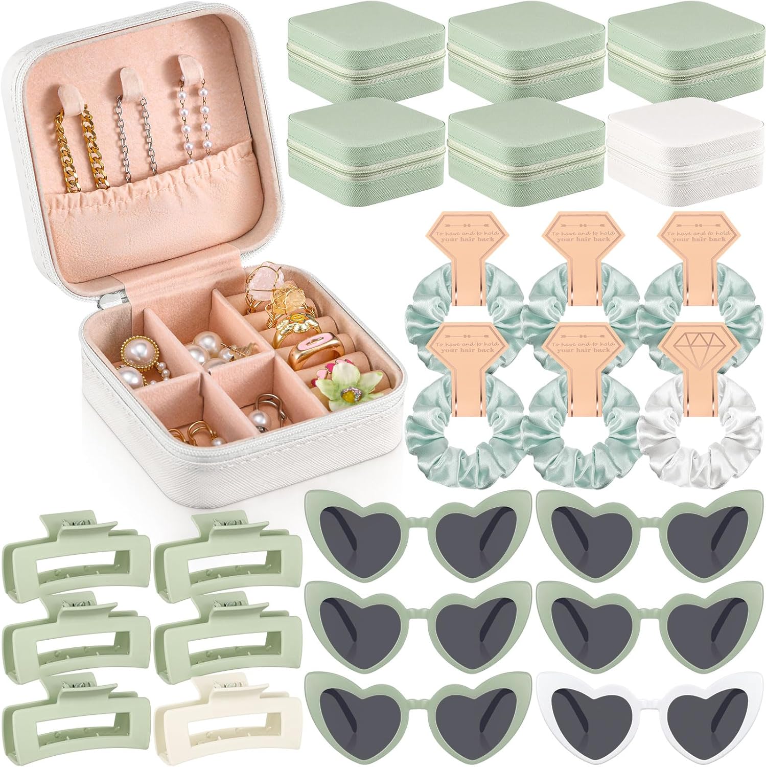 Hotop 24 Pcs Bridesmaid Proposal Gifts Set, 6 Mini Jewelry Box, 6 Satin Bridesmaid Scrunchies, 6 Bachelorette Sunglasses, 6 Square Hair Clips for Brid