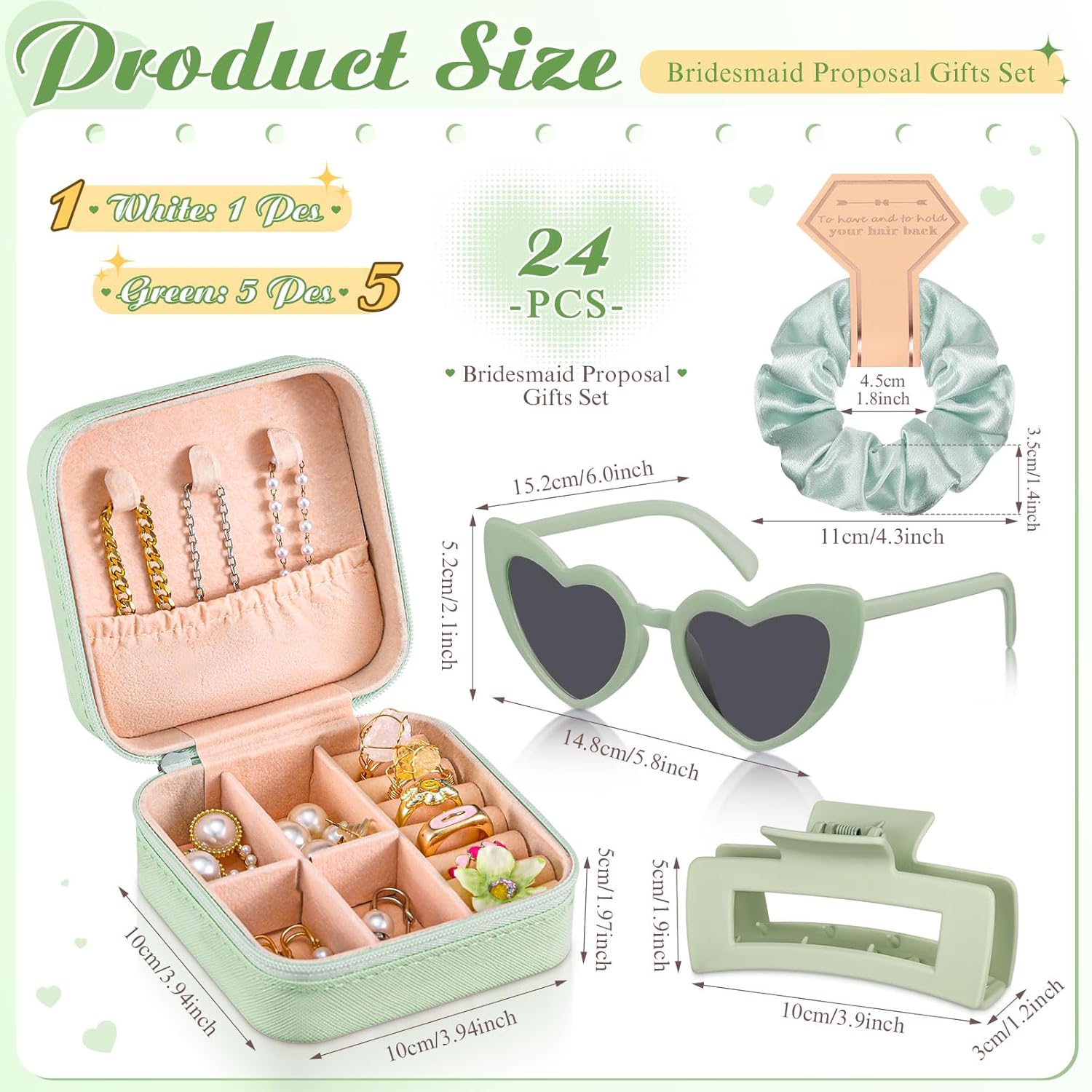 Hotop 24 Pcs Bridesmaid Proposal Gifts Set, 6 Mini Jewelry Box, 6 Satin Bridesmaid Scrunchies, 6 Bachelorette Sunglasses, 6 Square Hair Clips for Brid 2