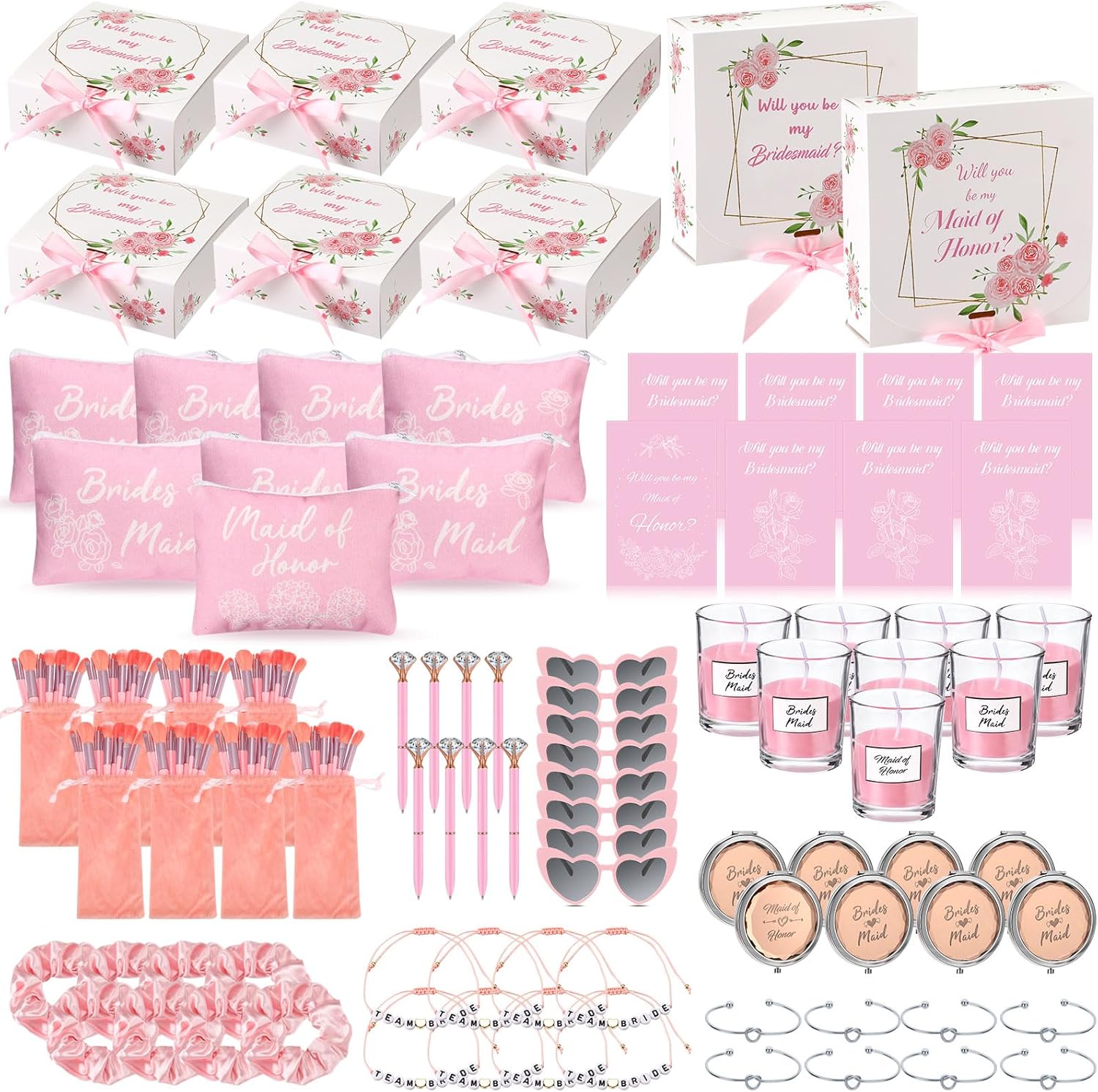 Nuogo 88 Pcs 8 Sets Bridesmaid Proposal Gift Wedding Bridesmaid Box Set Maid of Honor Gift Include Box Candle Invited Cards Scrunchies Hair Elastics T