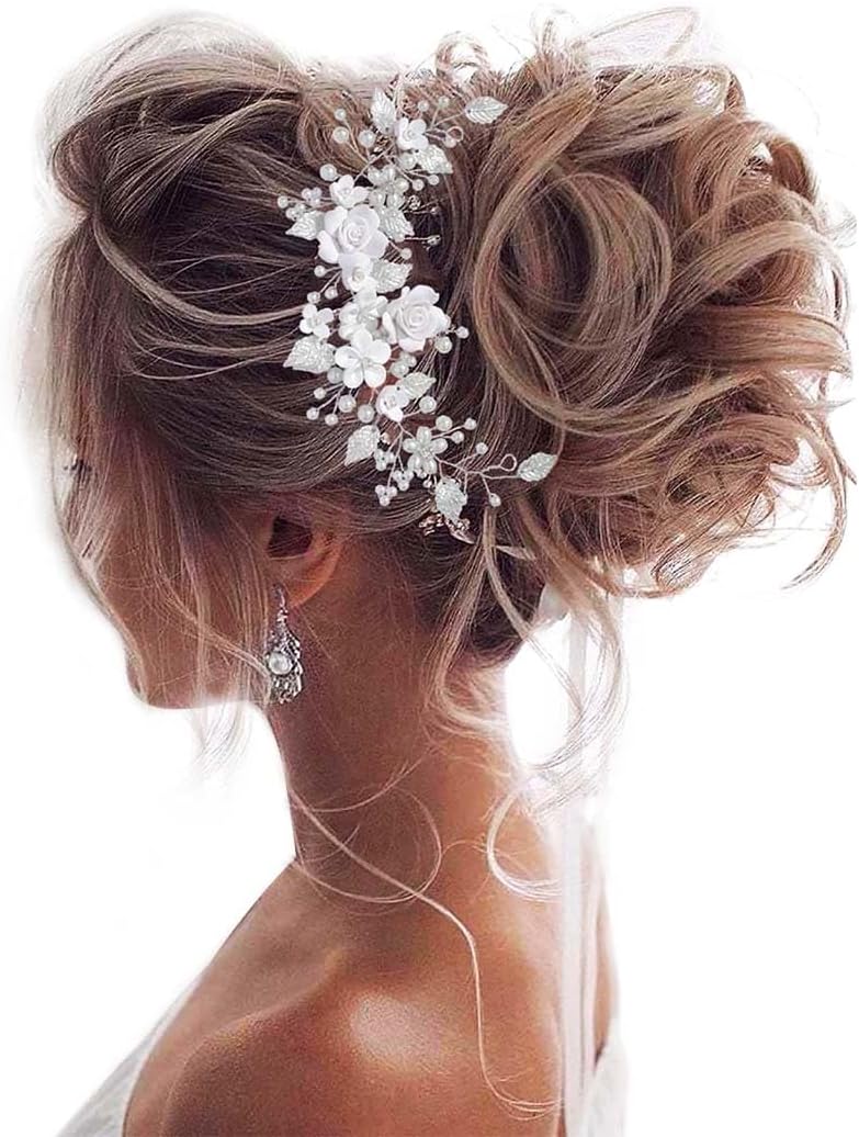Unicra Flower Bride Wedding Hair Vine Pearl Bridal Hair Piece Leaf Hair Accessories Rhinestone Headband for Women and Girls (9inches) (Silver)