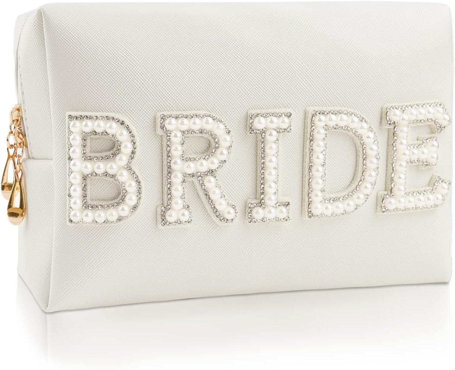 Kovewon Bride Patch Letter Makeup Bag for Women Bridesmaid Engagement Gift for Her White Pearl Rhinestone Travel Toiletry Bag Make Up Bag Pouch for Pu