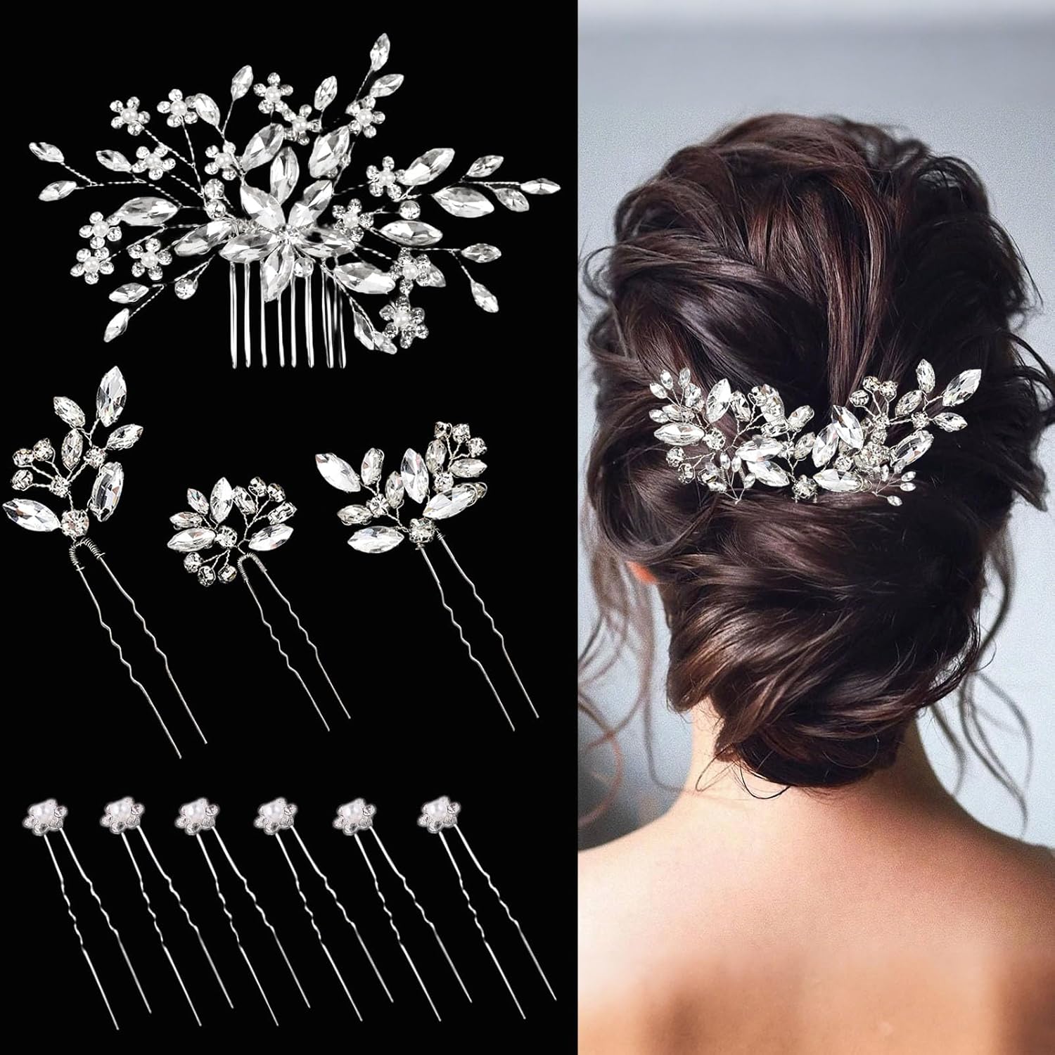 10 pcs Bride Hair Pins Rhinestone Bridal Hair Piece for Women Crystal Hair Accessories for Bride Bridesmaids Flower Girls(Silver Classic)