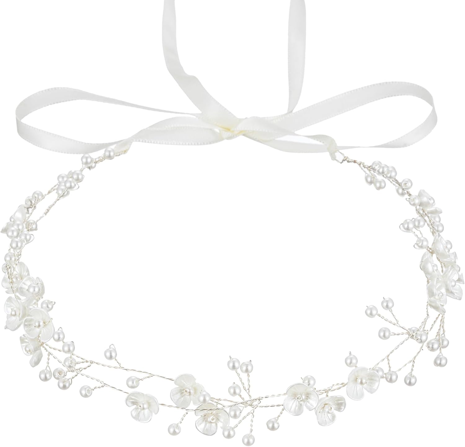 White Flowers Pearls Bridal Headband, Handmade Silver Wire Woven Wedding Hair Vine with Satin Ribbon, Lightweight Wedding Hair Accessory for Bride Flo