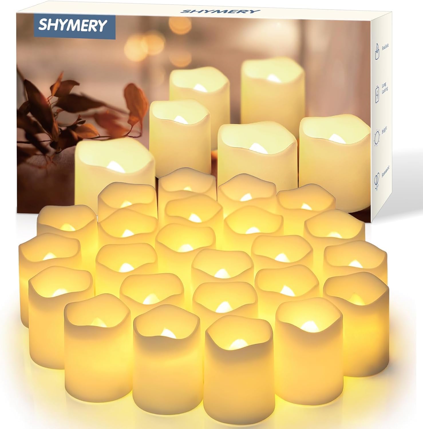SHYMERY Flameless Votive Candles,Flameless Flickering Electric Fake Candle,24 Pack 200+Hour Battery Operated LED Tea Lights in Warm White for Wedding,