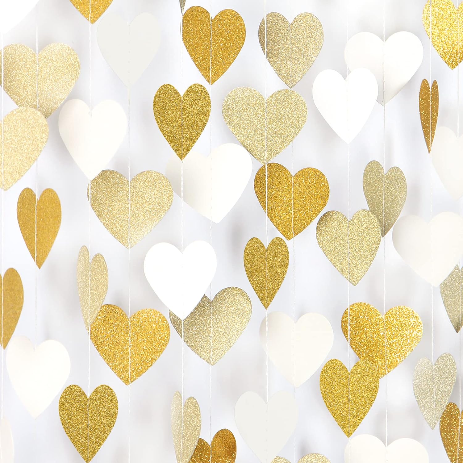White-Gold Champagne Party-Decorations Heart Streamers Garland - 52Ft Christmas Wedding Engagement Hanging Paper Banner,Bachelorette Neutral Baby Brid