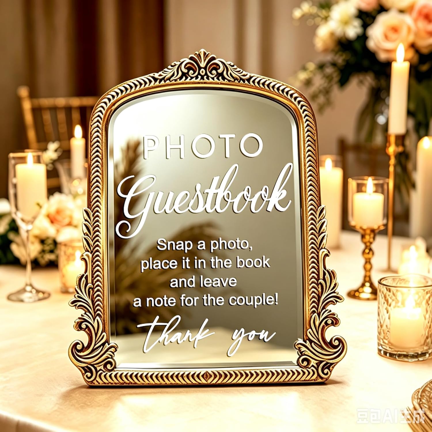 FYSUIMU Vintage Wedding Memorial Sign with Mirror Photo Guestbook Centerpiece Sign Gold Framed Tabletop Display for Wedding Reception Bridal Shower, 1