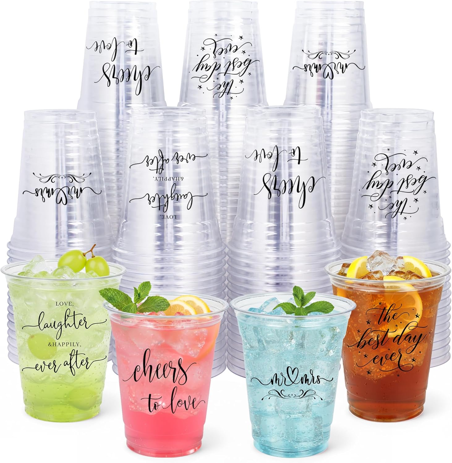 Edussy 200 Pack Disposable Wedding Plastic Cups Decor-4 Pattern 12 oz Mr and Mrs Cups for Wedding Stuff Decorations for Reception Bridal Shower Annive
