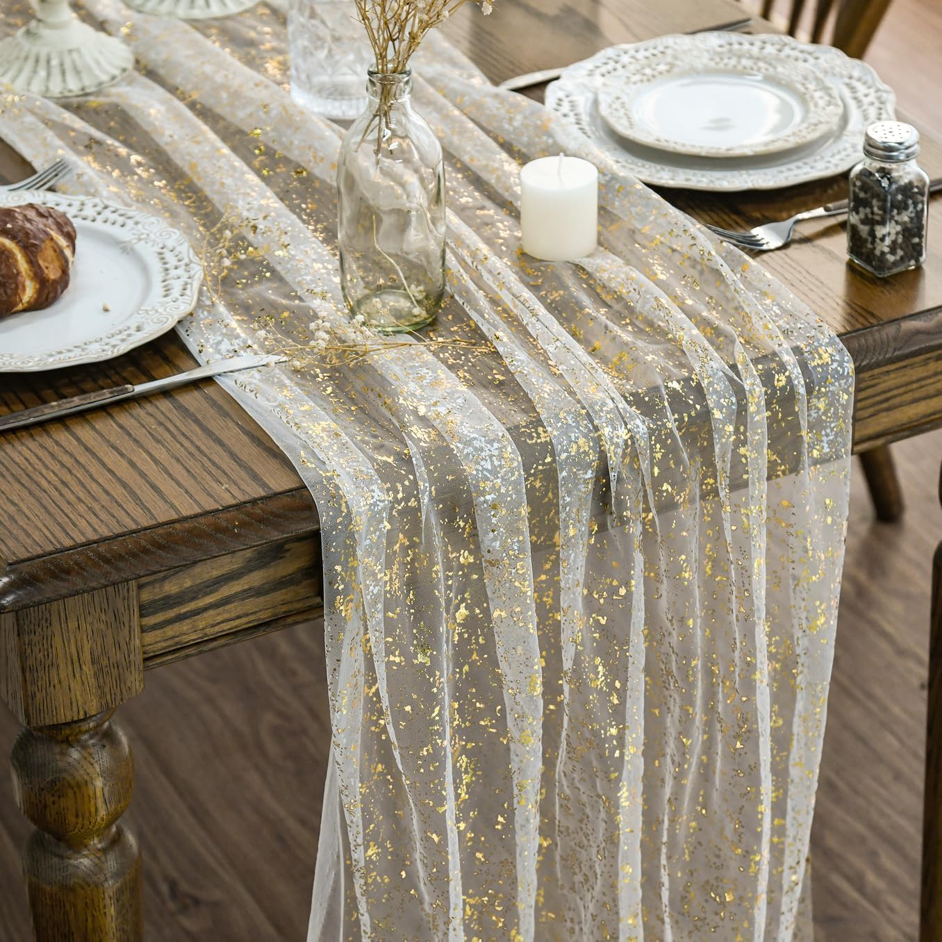 Artoid Mode Beige Gold Gauze Table Runner 120 Inch 10FT, Glitter Metallic Foil Sheer Dining Wedding Anniversary Holiday Birthday Table Decor for Home 