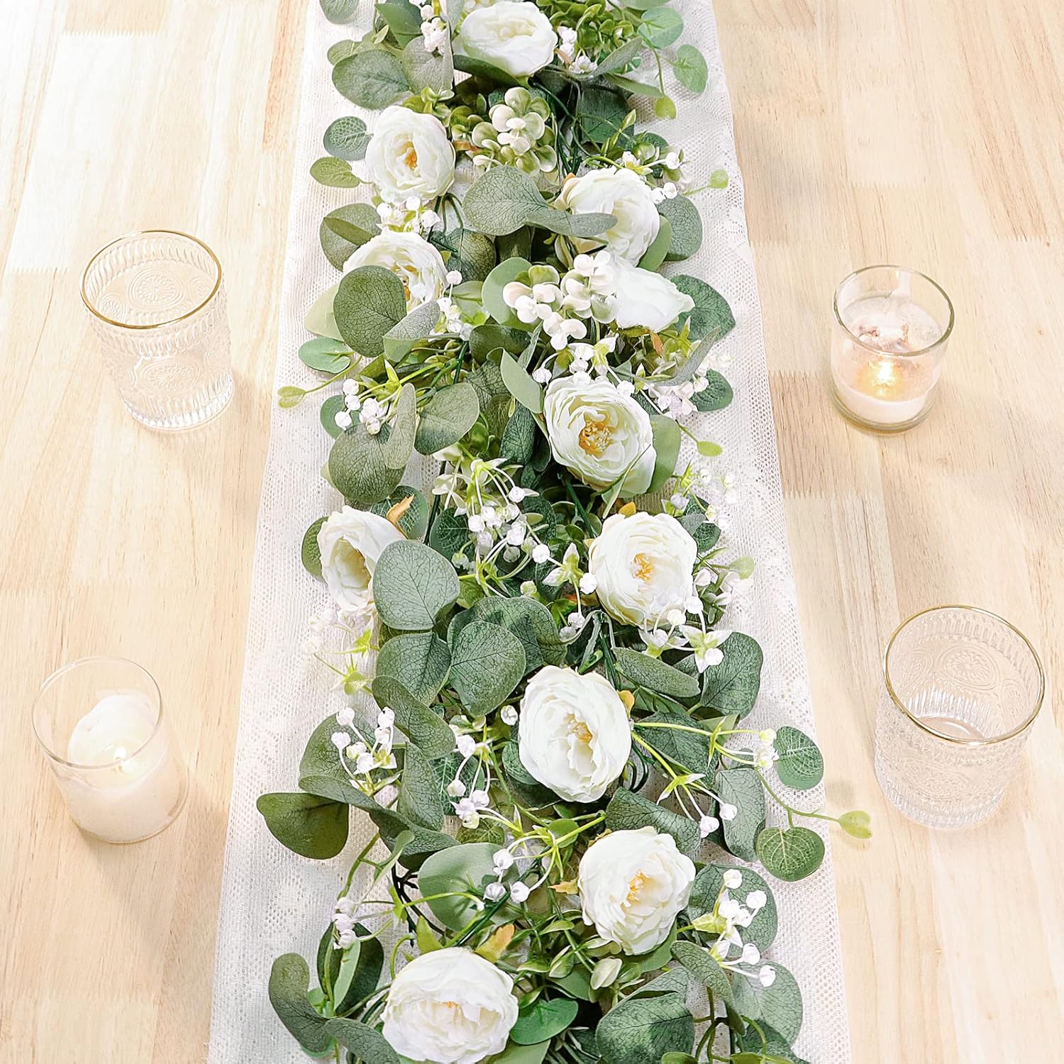 TOCHGREEN 2 Pack 13Ft Artificial Eucalyptus Flower Garland with White Roses, Fake Rose Flower Greenery Garland Floral Vines for Wedding Home Party Tab
