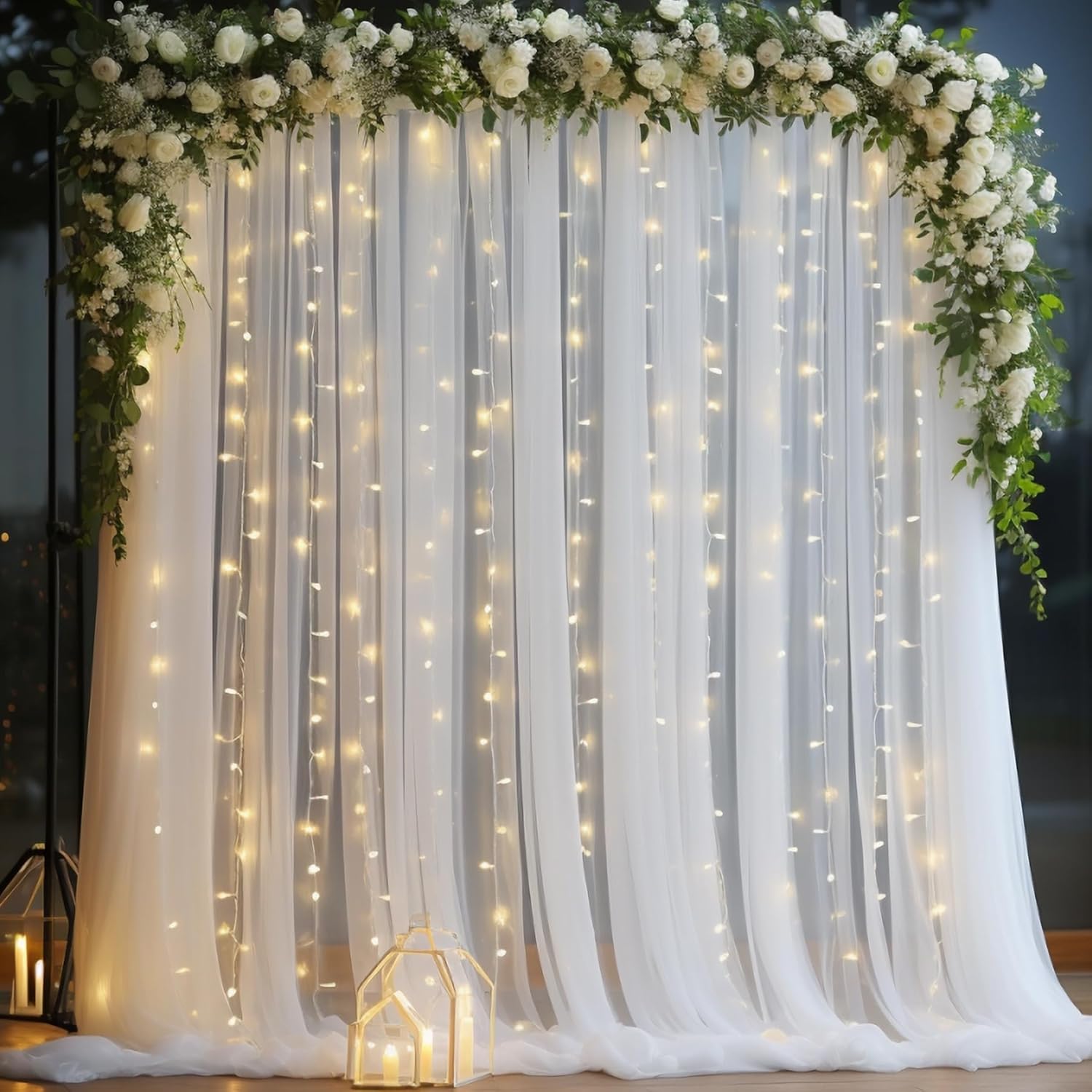 10x10ft White Tulle Backdrop Curtain with Lights String for Parites, Sheer Curtain Backdrop Drapes for Wedding Baby Shower Bridal Shower Birthday Part