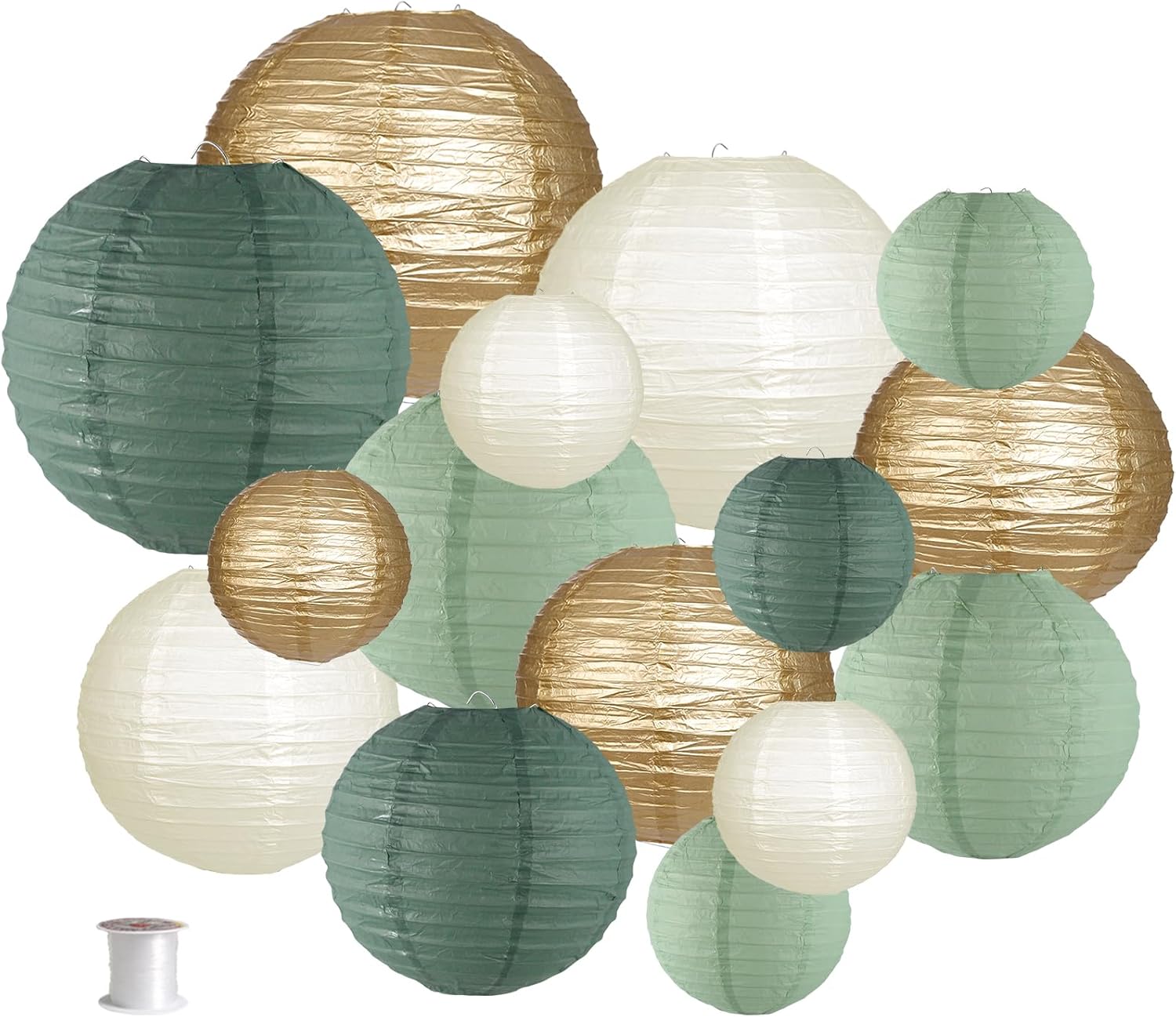 Paper Lanterns Decorative, Round Hanging Paper Lanterns Decorations for Rustic Party Bridal Shower Wedding Sage Green Birthday Party Supplies Gold/Ivo