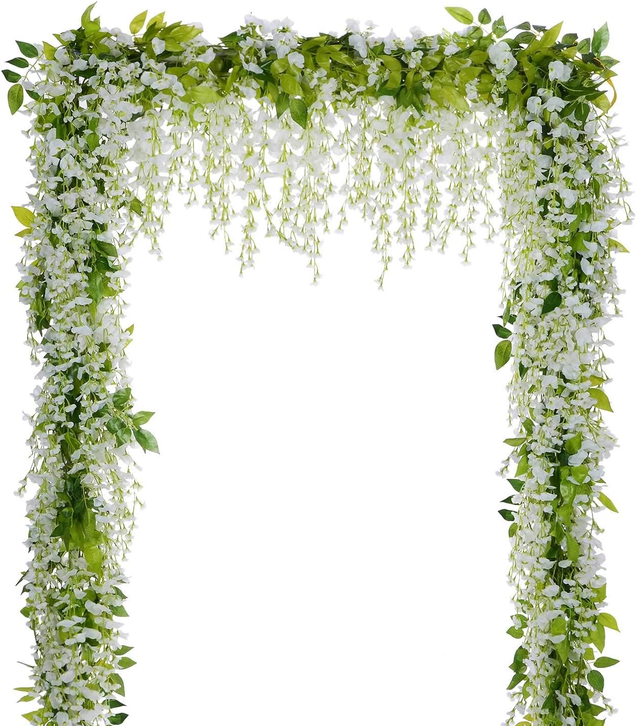Lvydec Wisteria Artificial Flowers Garland, 4Pcs Total 28.8ft White Artificial Wisteria Vine Silk Hanging Flower for Home Garden Outdoor Ceremony Wedd