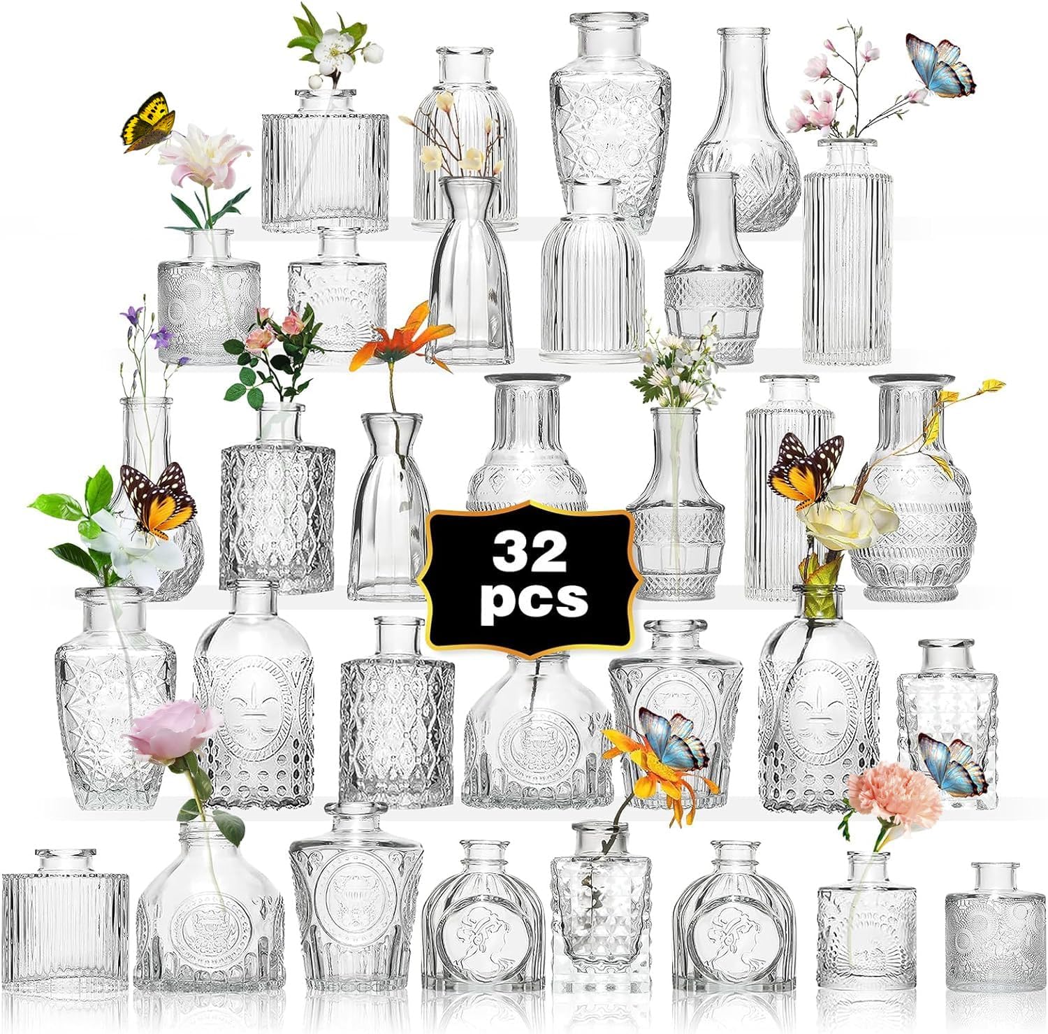 Glass Bud Vase Set of 32PCS Wedding Centerpieces for Tables,Mini Clear Bud Vases for Flowers,Small Flower Vases Suitable for Birthday Party,Anniversar